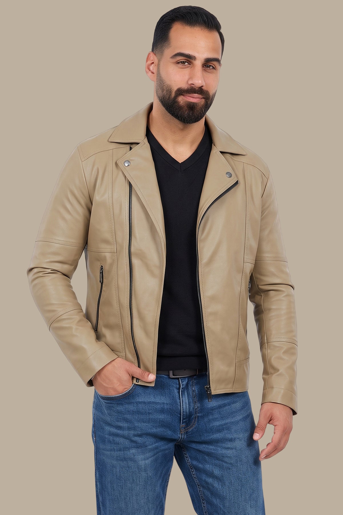 Chic Beige Faux Leather Biker Jacket with Wide Collar