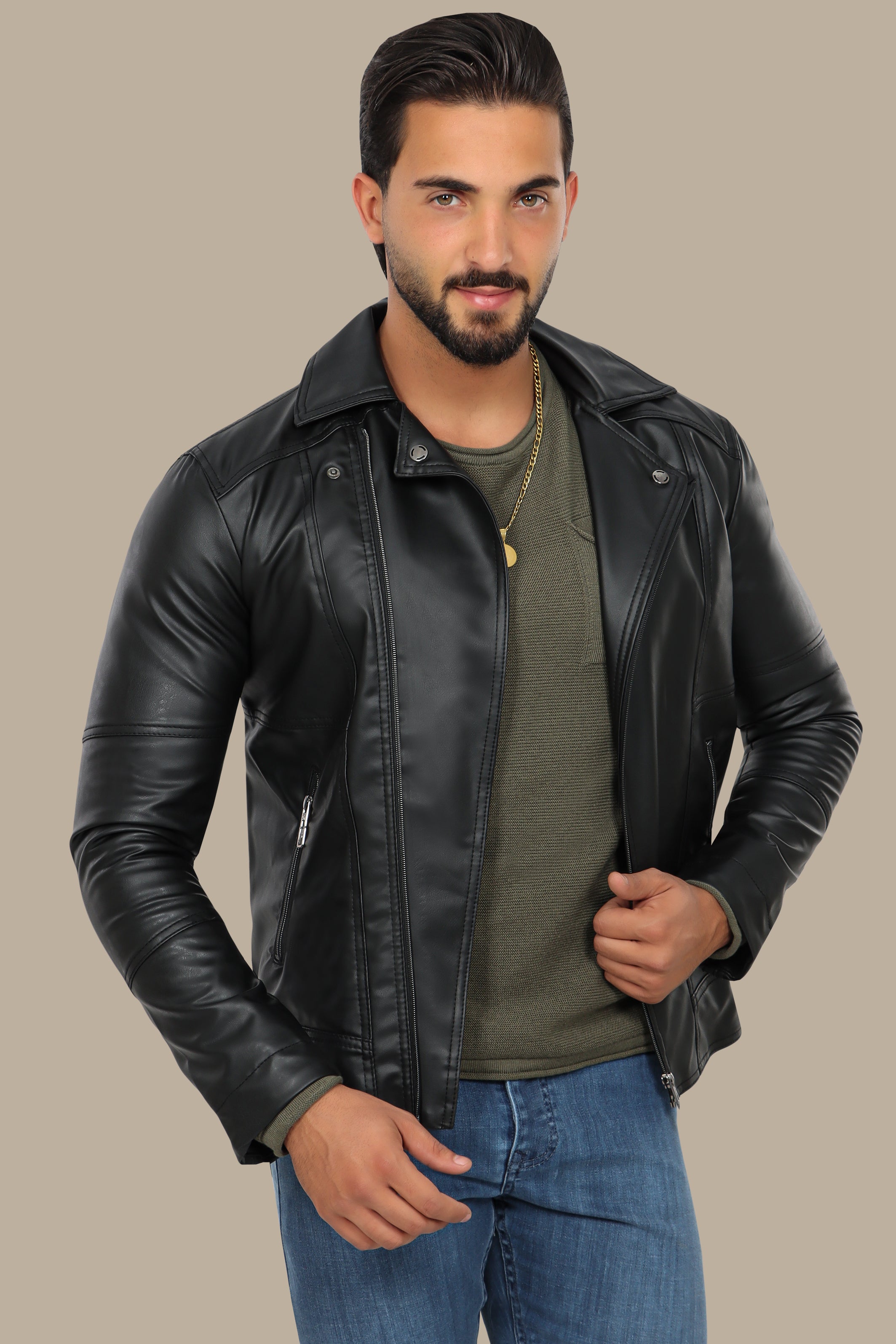 Black Rebel: Faux Leather Biker Jacket with Wide Collar