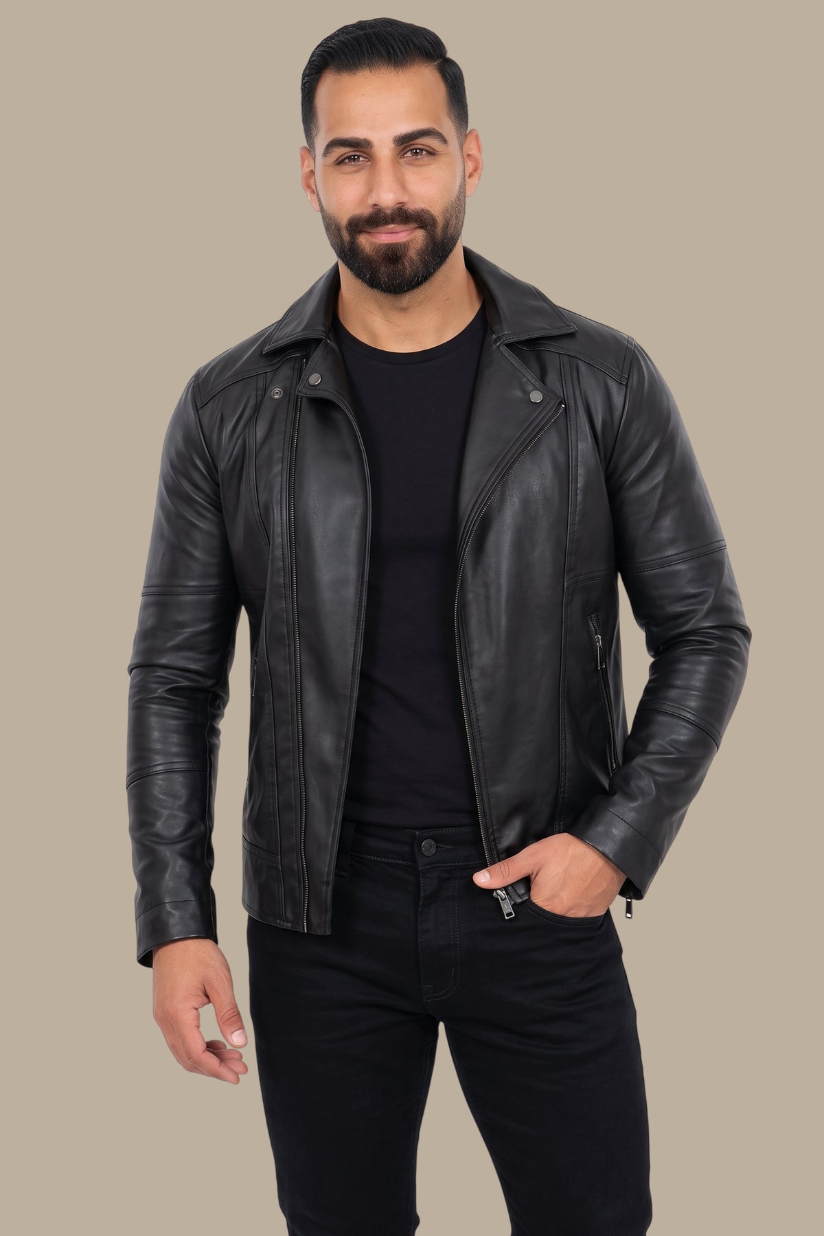Black Rebel: Faux Leather Biker Jacket with Wide Collar