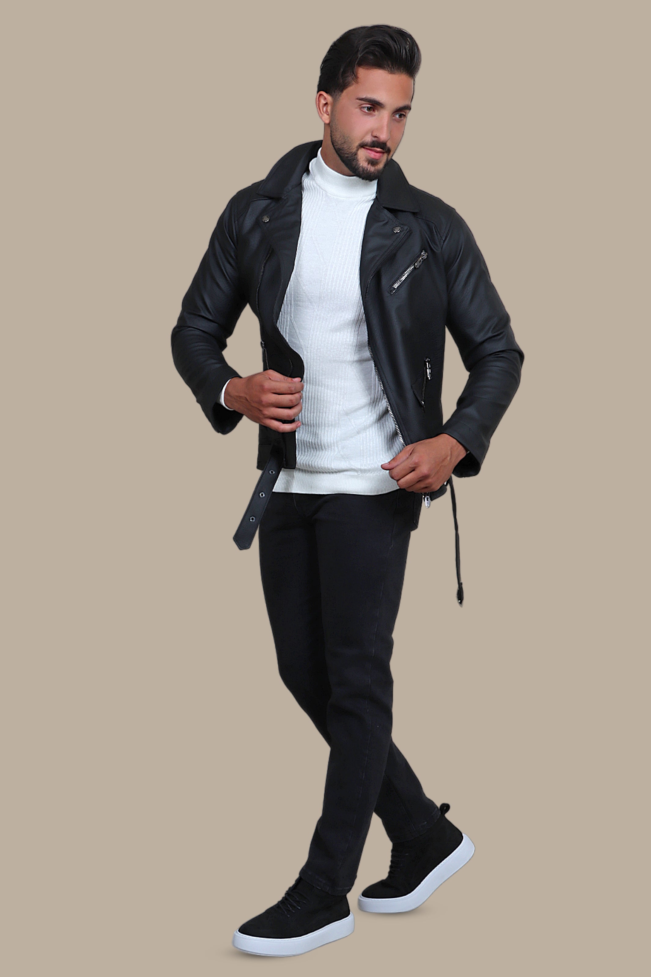 Wide collar leather on sale jacket