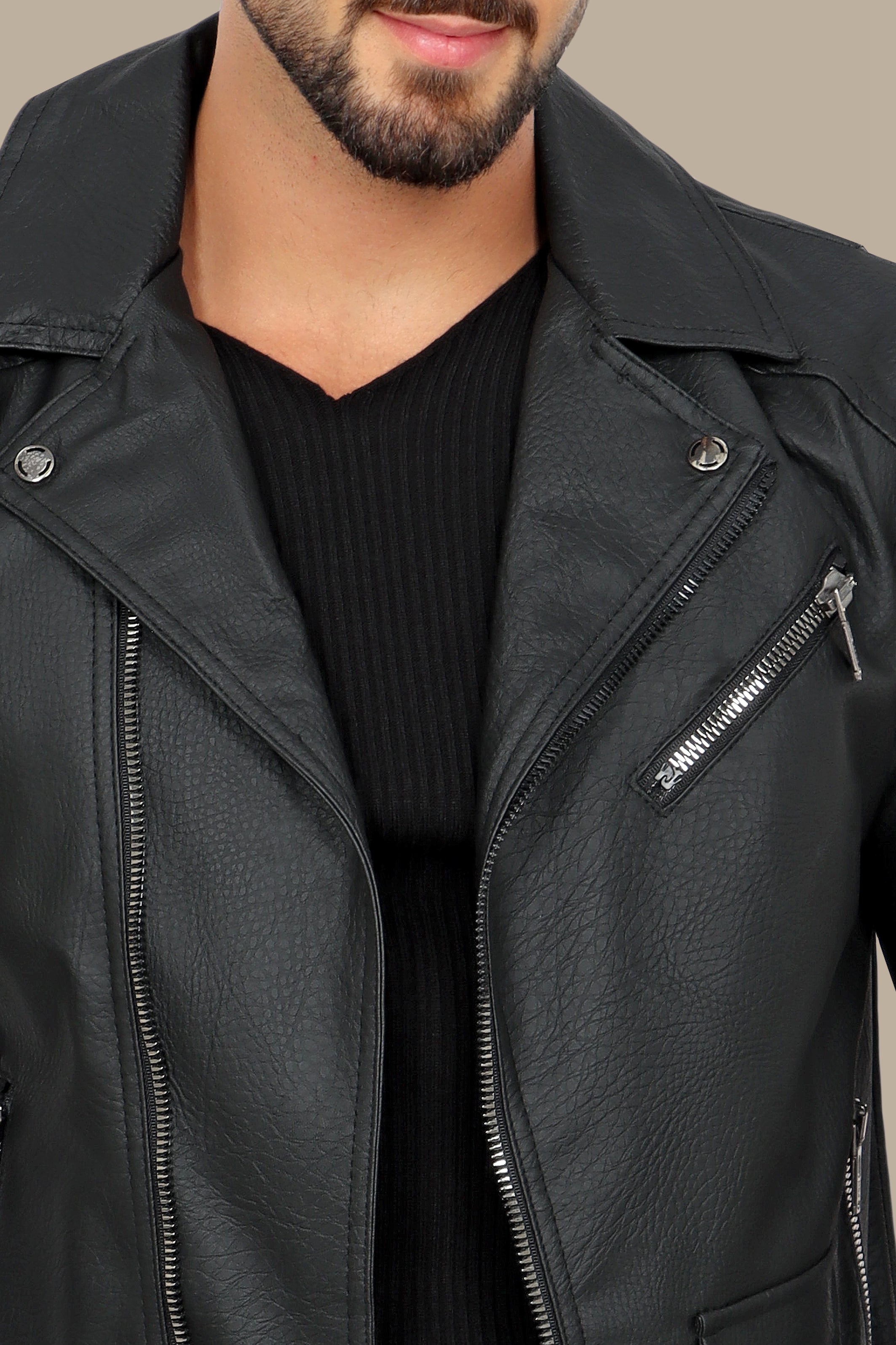 Sleek and Stylish: Faux Leather Biker Jacket with Wide Collar in Structured Black