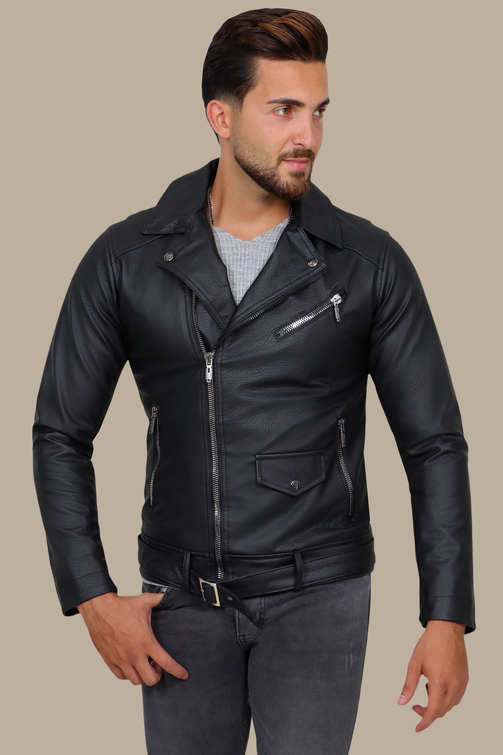 Sleek and Stylish: Faux Leather Biker Jacket with Wide Collar in Structured Black