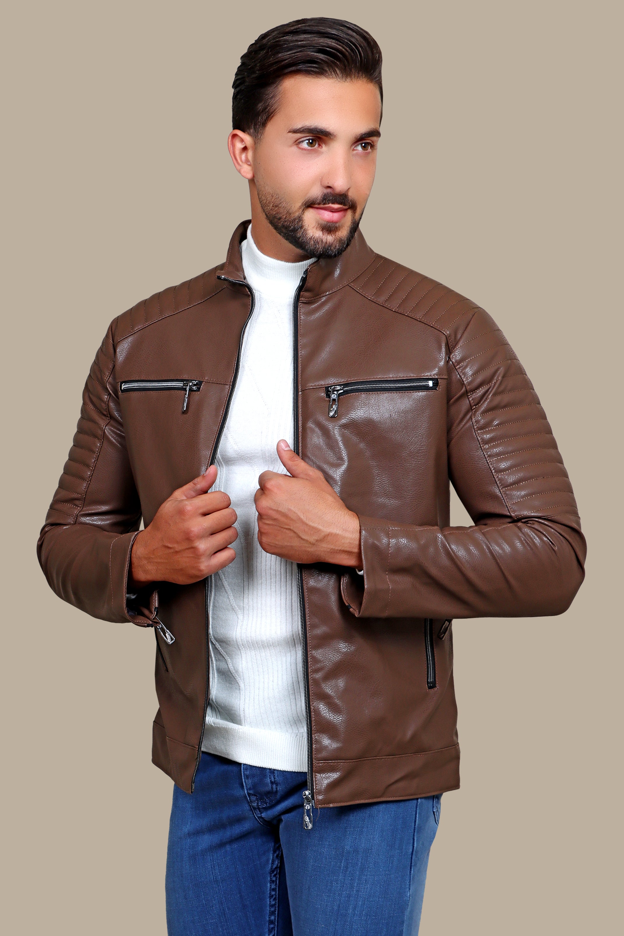 Rugged Elegance: Brown Faux Leather Biker Jacket with Four Zippers