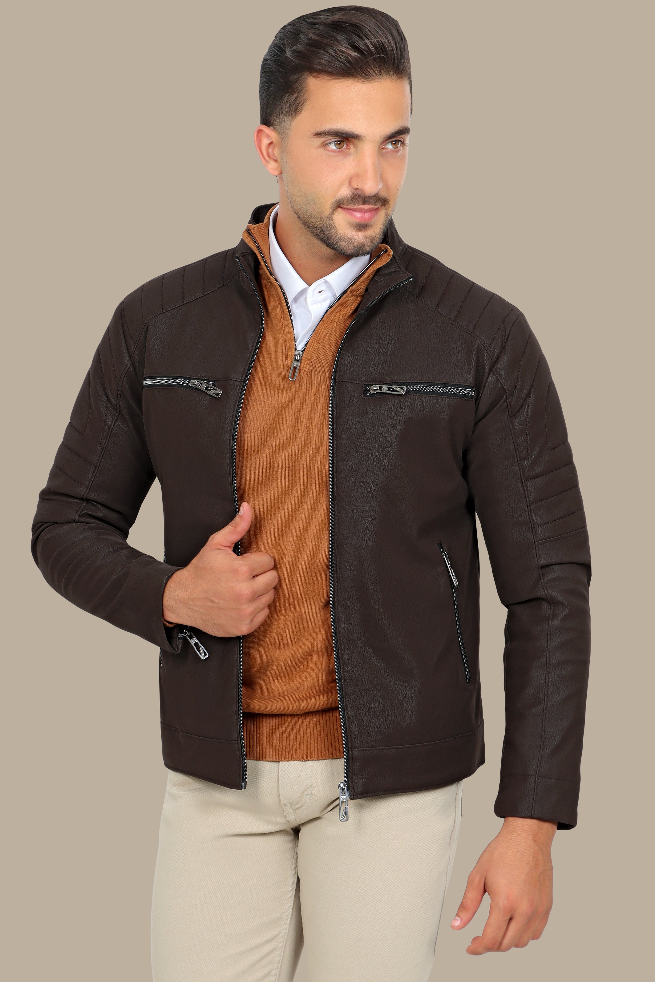 Rugged Elegance: Brown Faux Leather Biker Jacket with Four Zippers