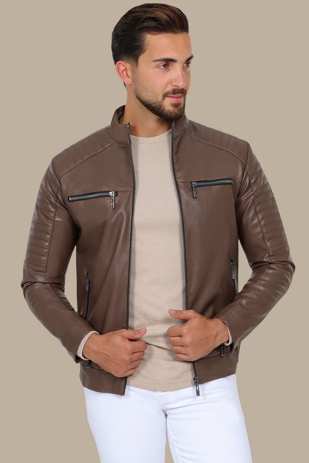 Brown Faux Leather Biker Jacket with 4 Zippers