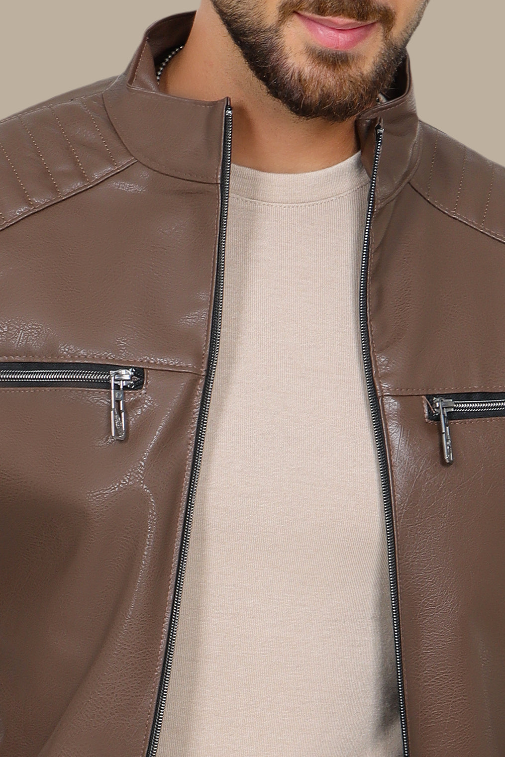 Brown Faux Leather Biker Jacket with 4 Zippers
