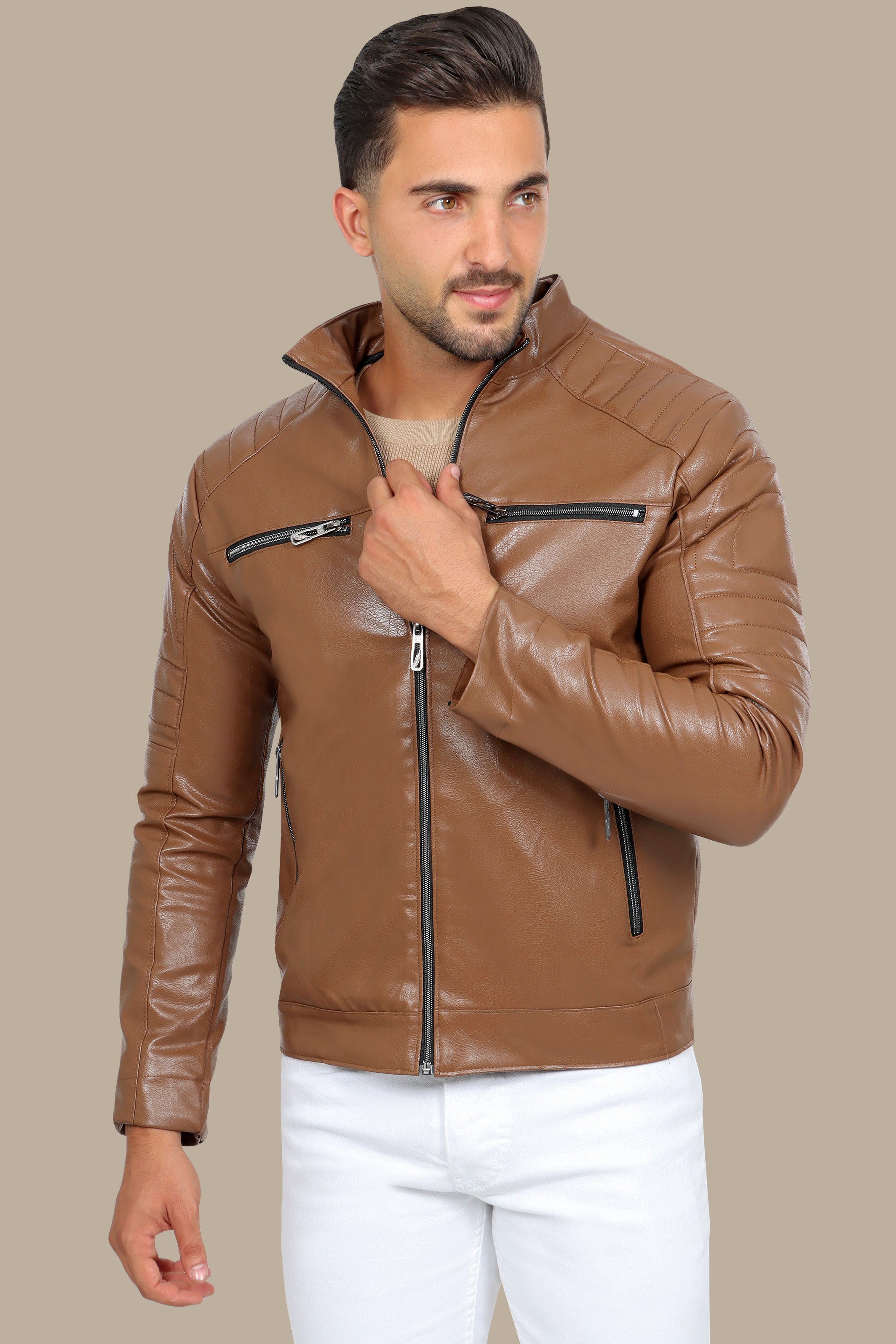 Havane Faux Biker Jacket with 4 Zippers