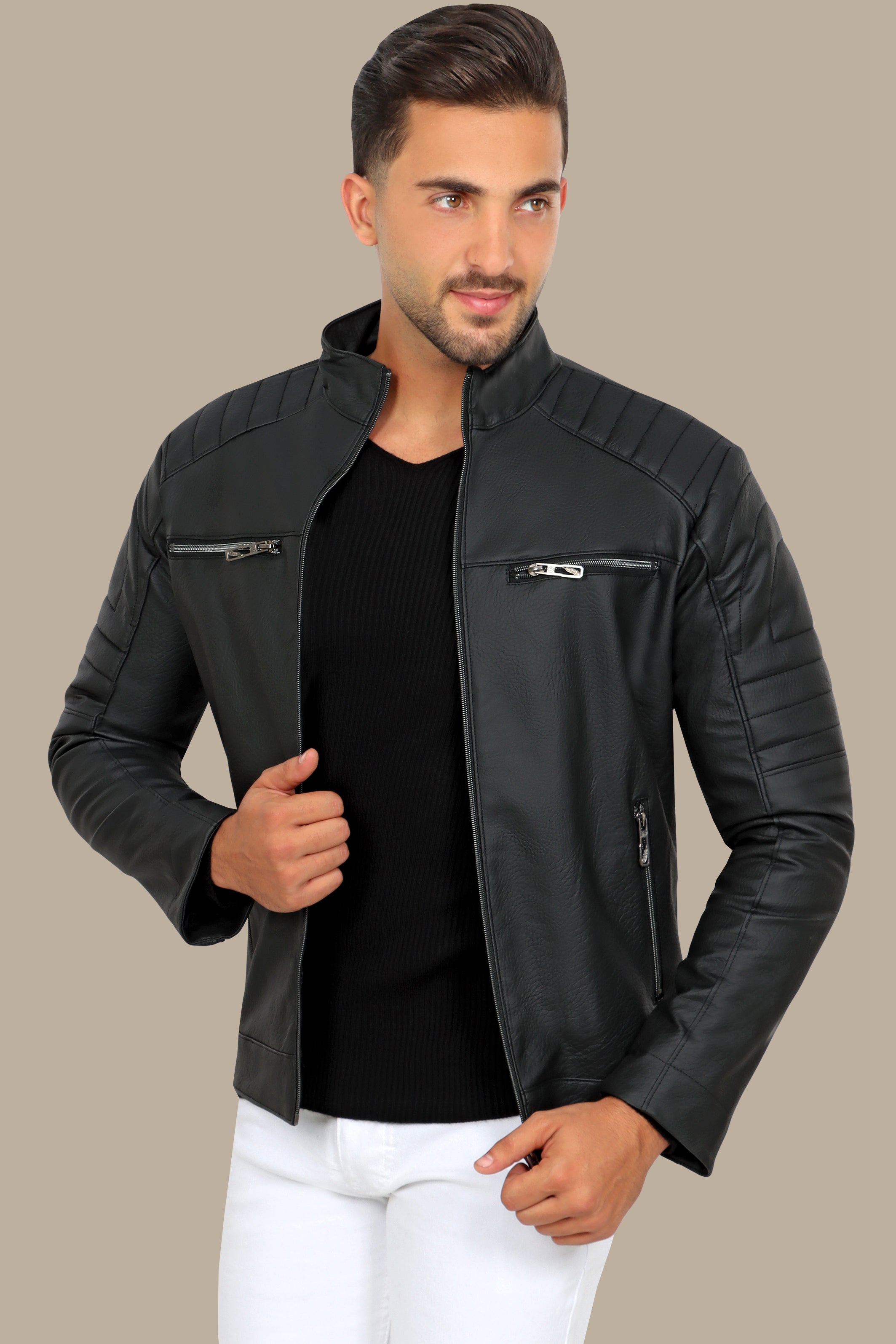 Rugged Elegance: Black Faux Leather Biker Jacket with Four Zippers