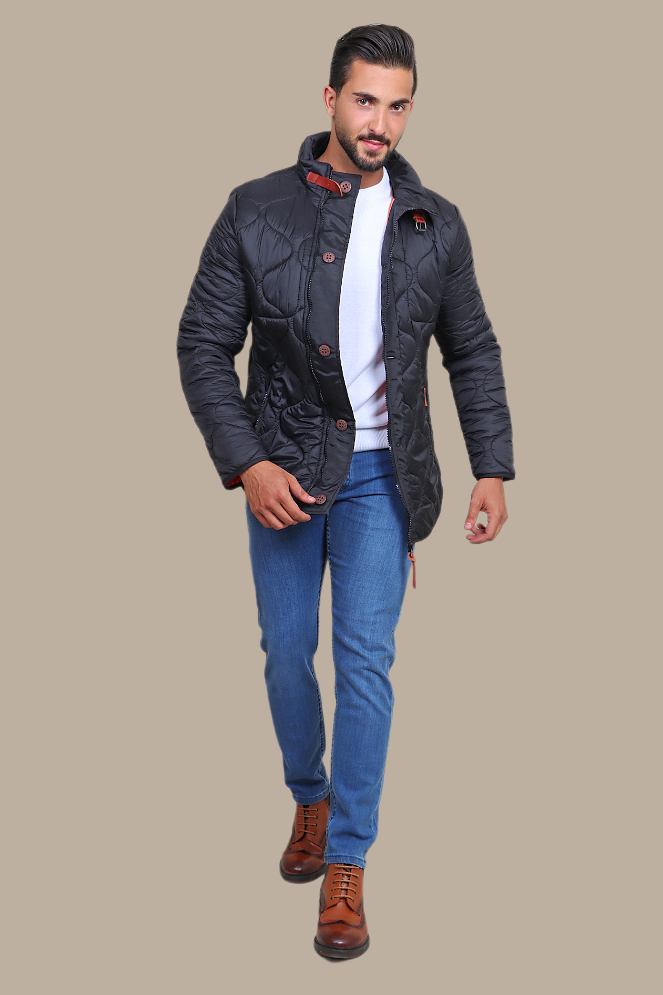 Black Quilted Puffer Jacket with Refined Detailing