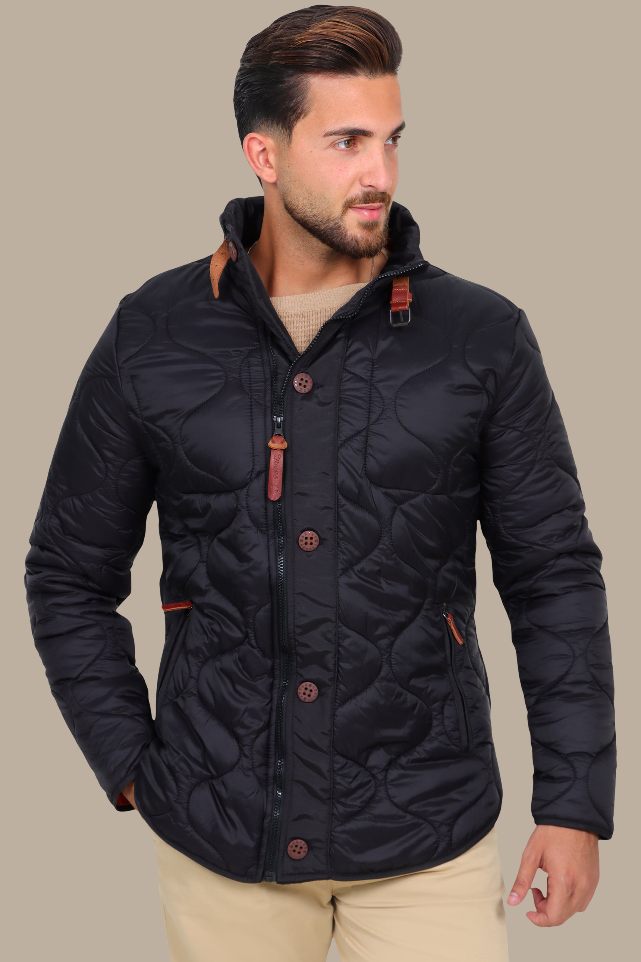 Black Quilted Puffer Jacket with Refined Detailing