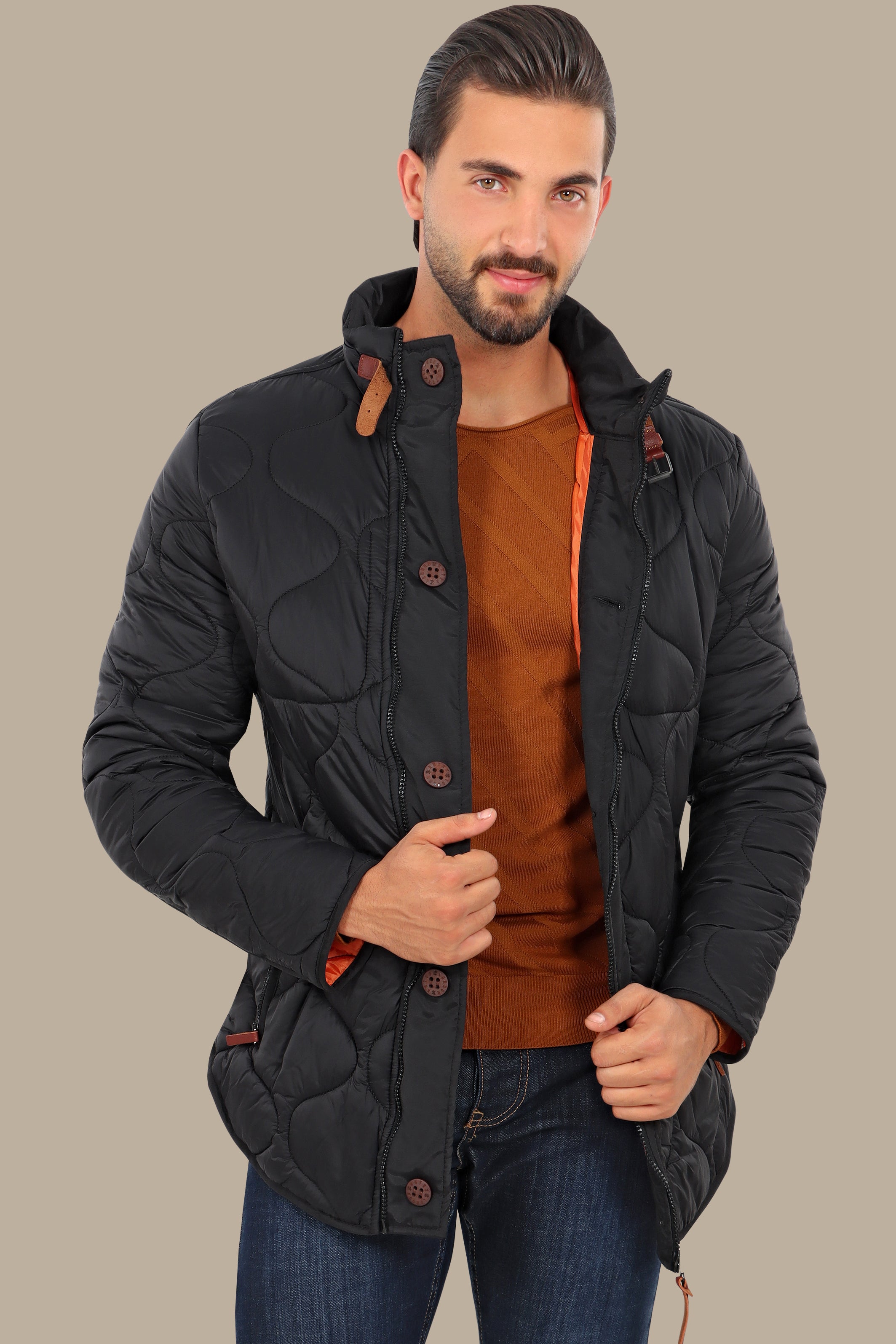 Black Quilted Puffer Jacket with Refined Detailing