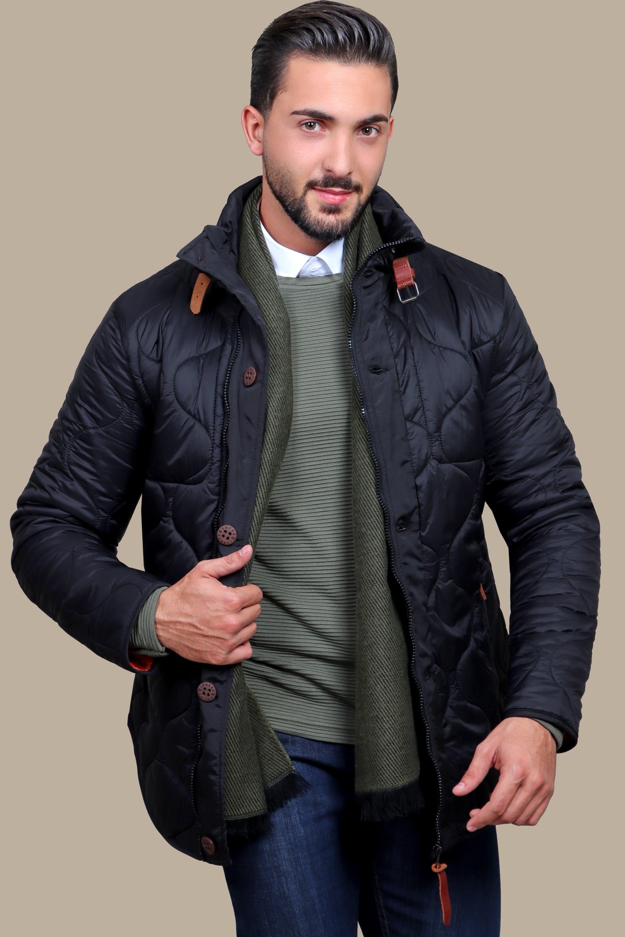 Black Quilted Puffer Jacket with Refined Detailing