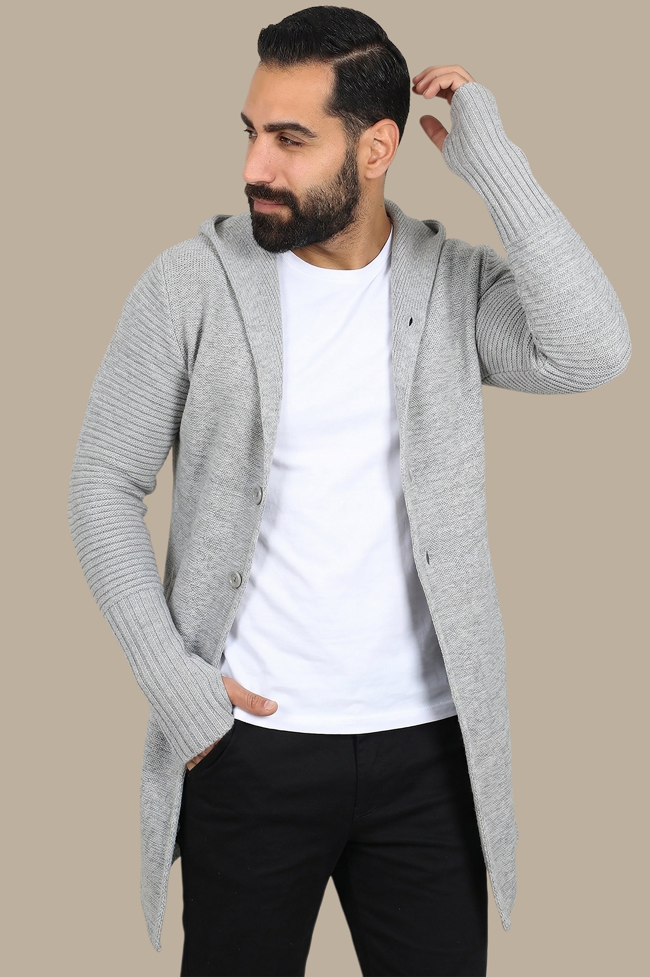 Light Gray Long Cardigan with Ribbed Sleeves: Cozy Comfort with a Stylish Twist