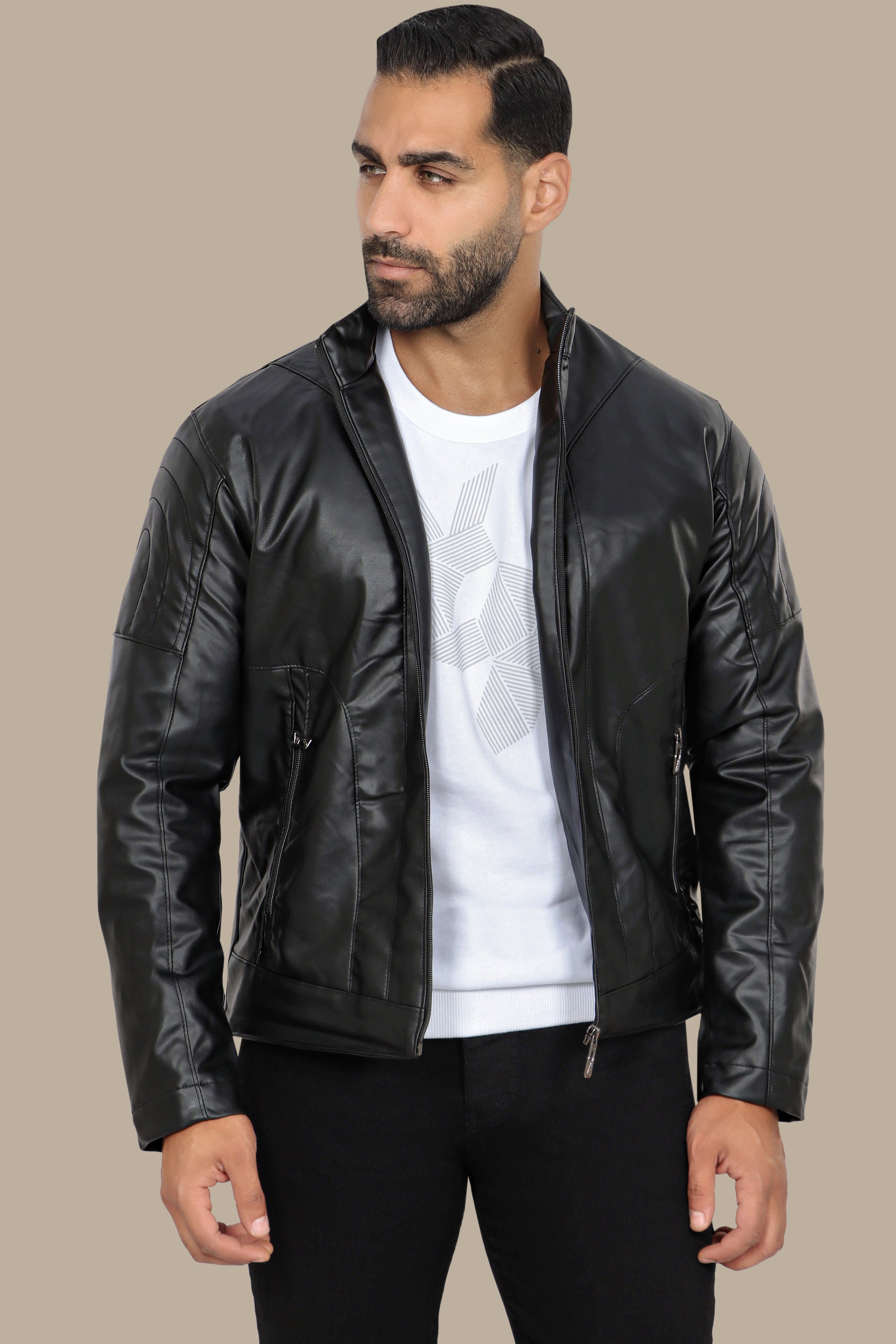 Black Faux Leather Mao Jacket with Dual Zipper Accents