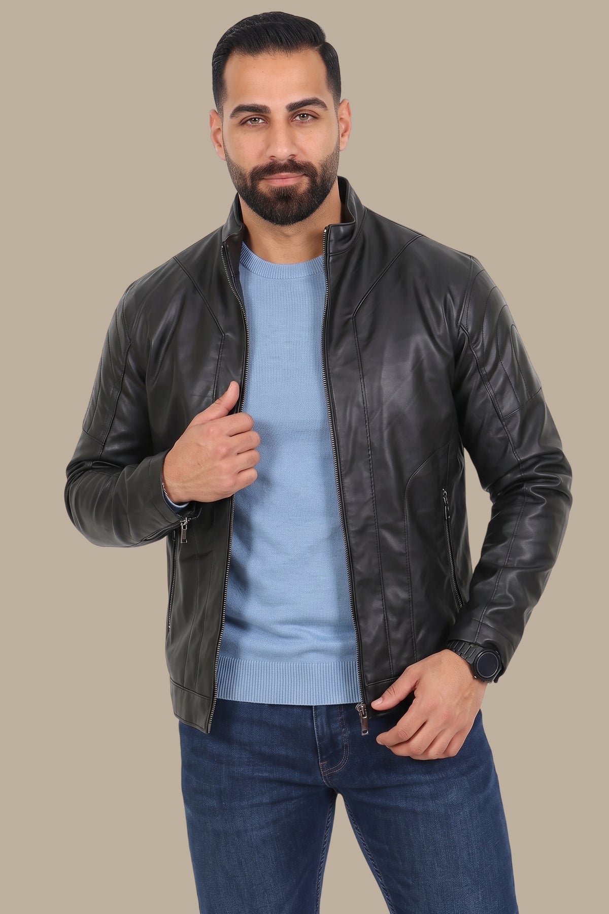 Black Faux Leather Mao Jacket with Dual Zipper Accents