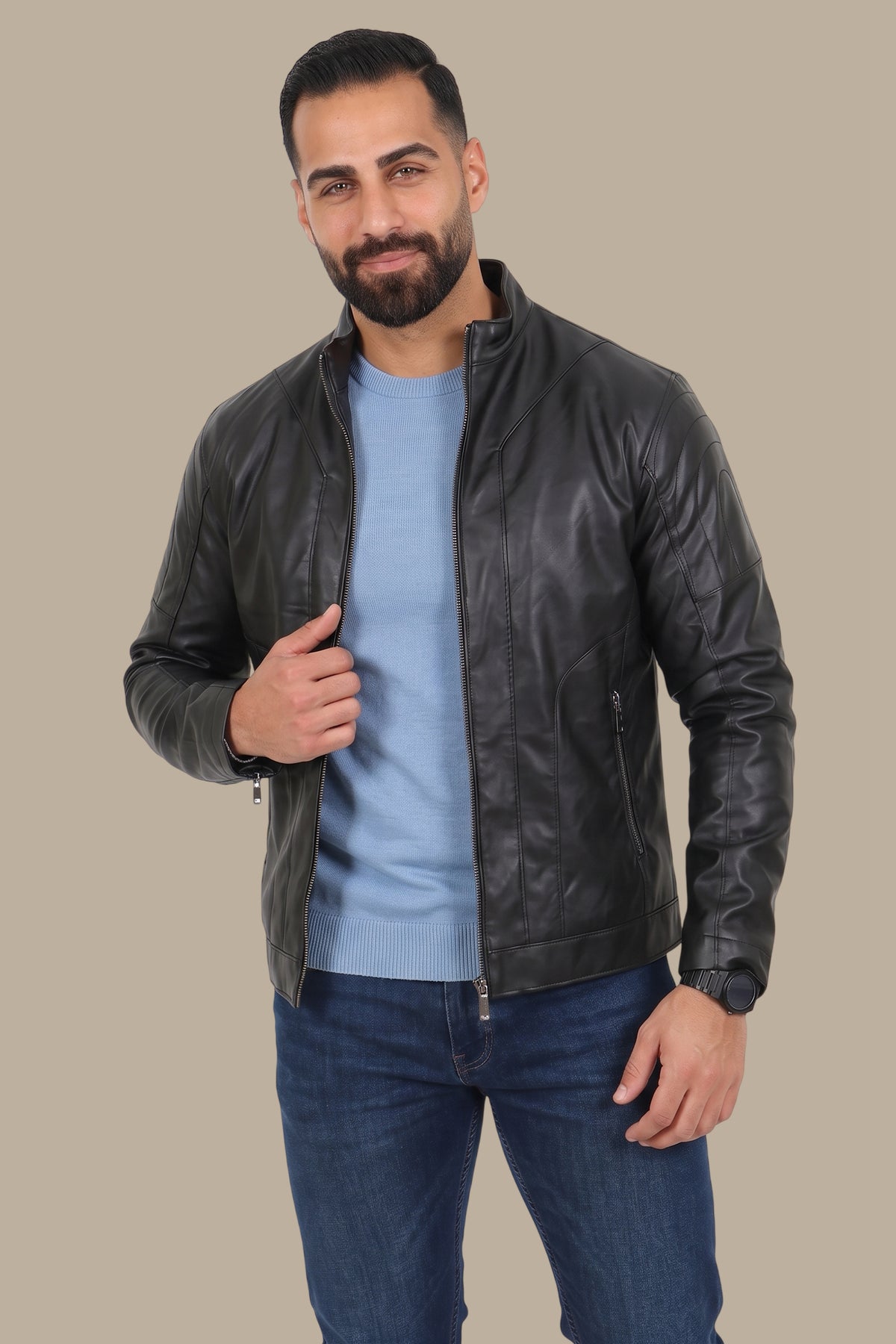 Black Faux Leather Mao Jacket with Dual Zipper Accents