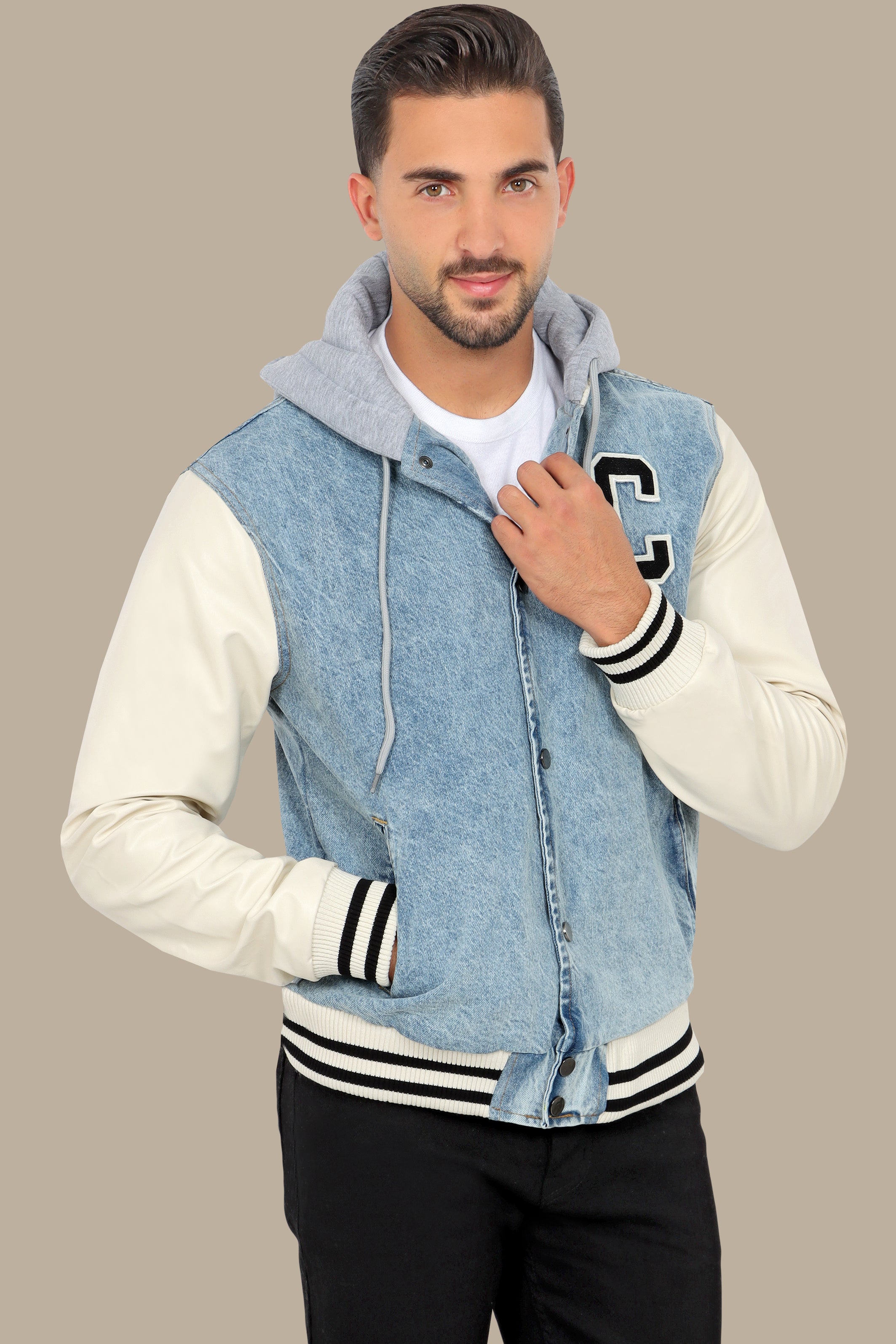 Light Blue Denim Jacket with Beige Leather Sleeves