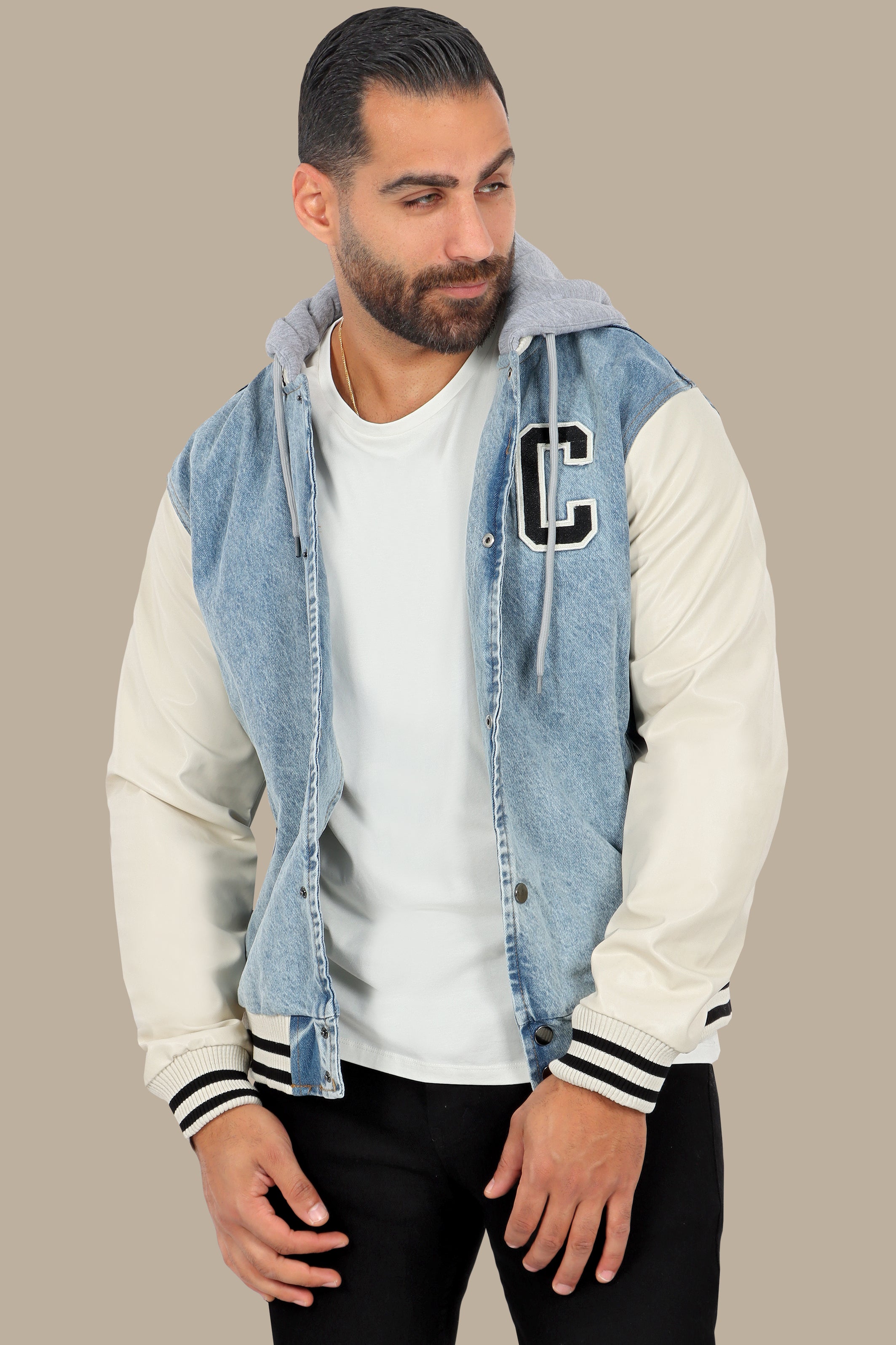 Light Blue Denim Jacket with Beige Leather Sleeves