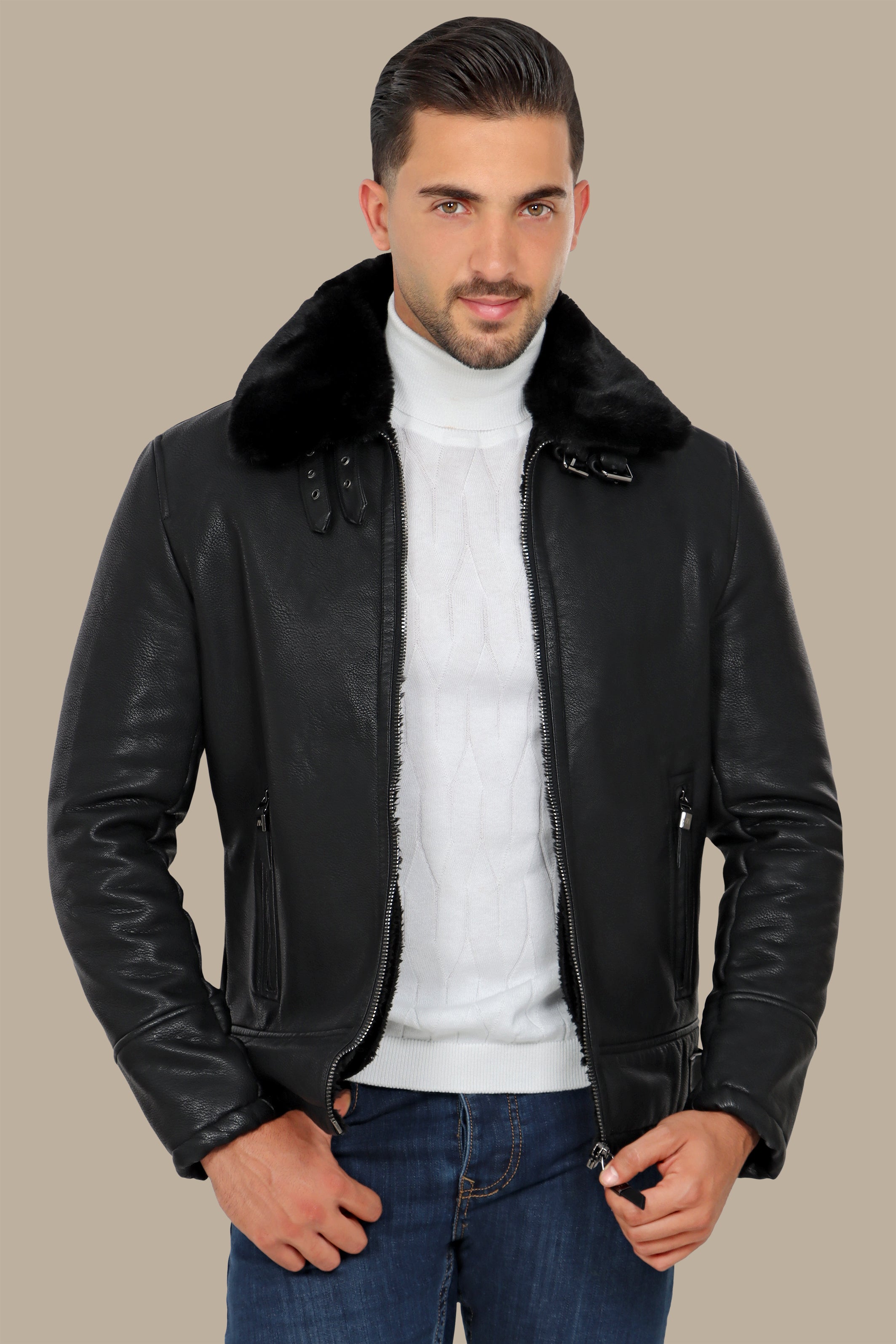 Black Leather Jacket with Fur Collar