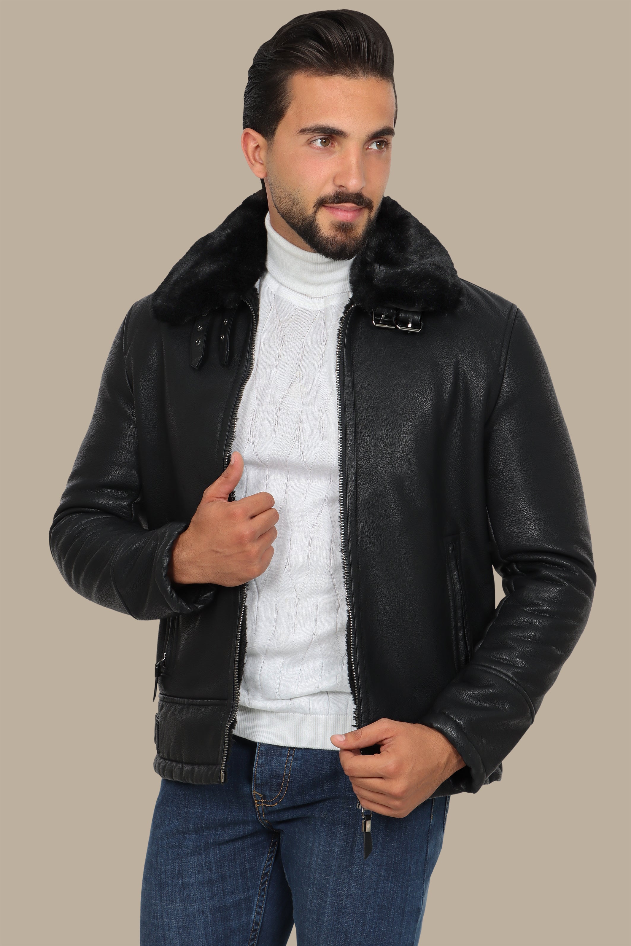 Black Leather Jacket with Fur Collar