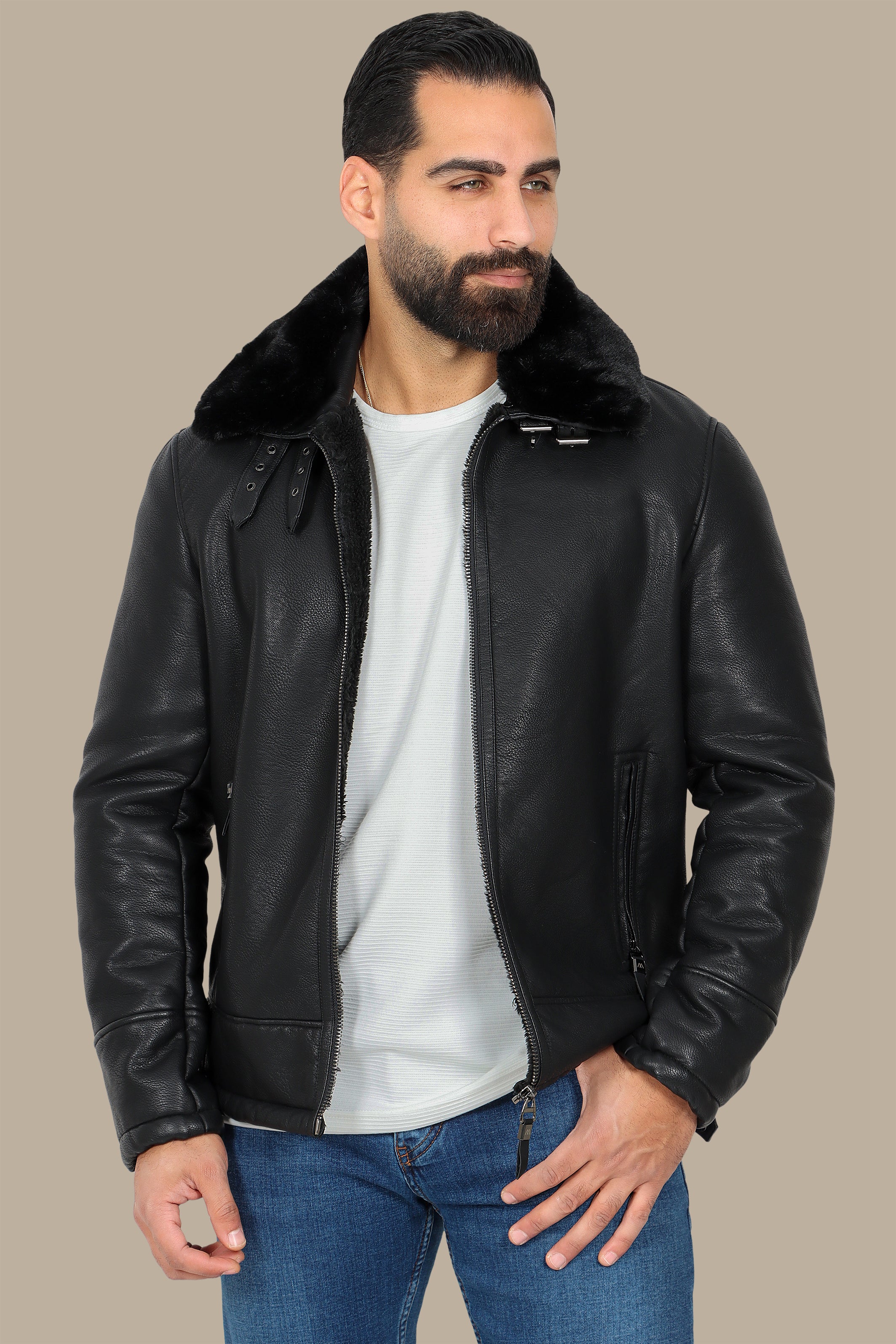 Black Leather Jacket with Fur Collar