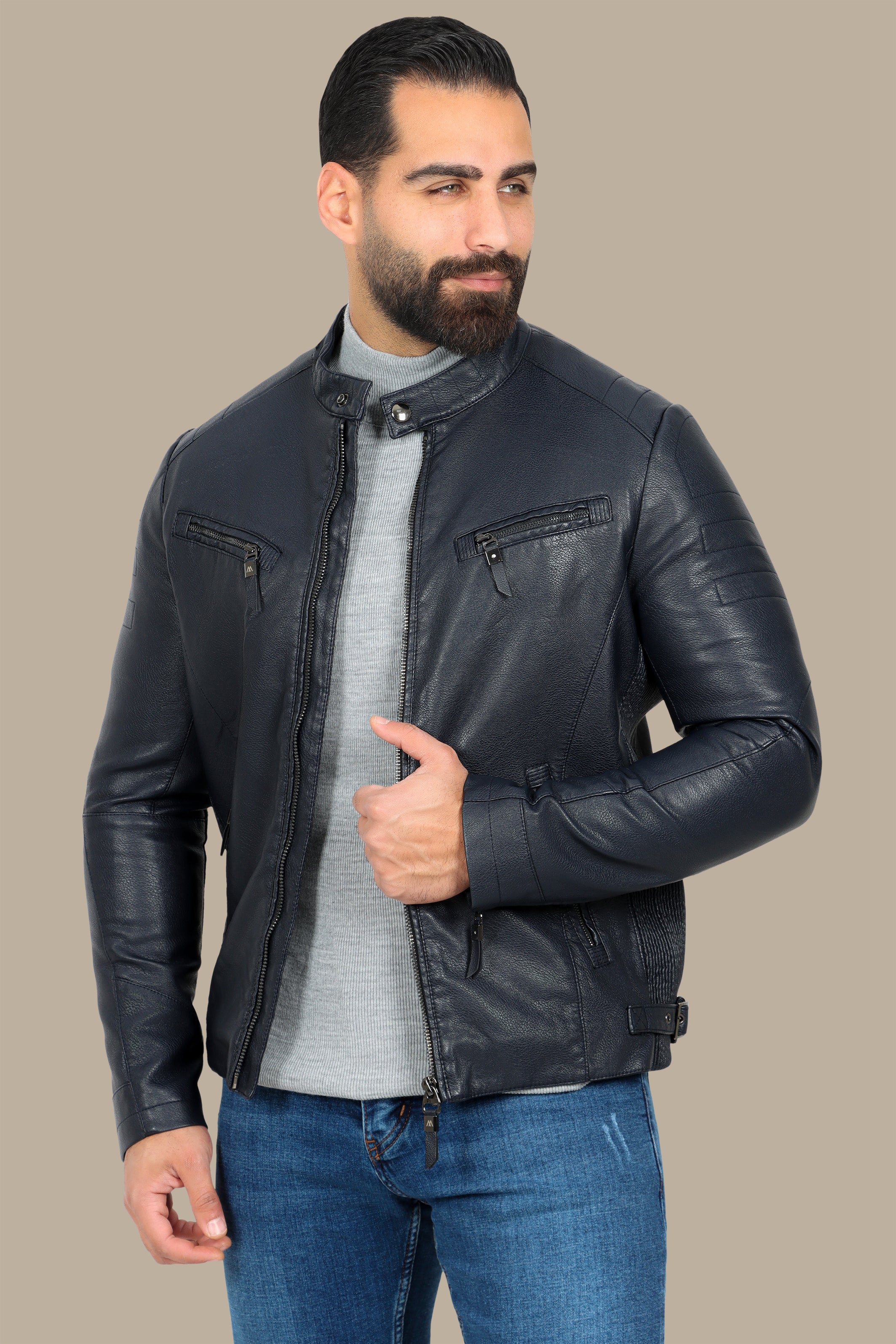 Navy Classic Leather Jacket with 4 Zippers