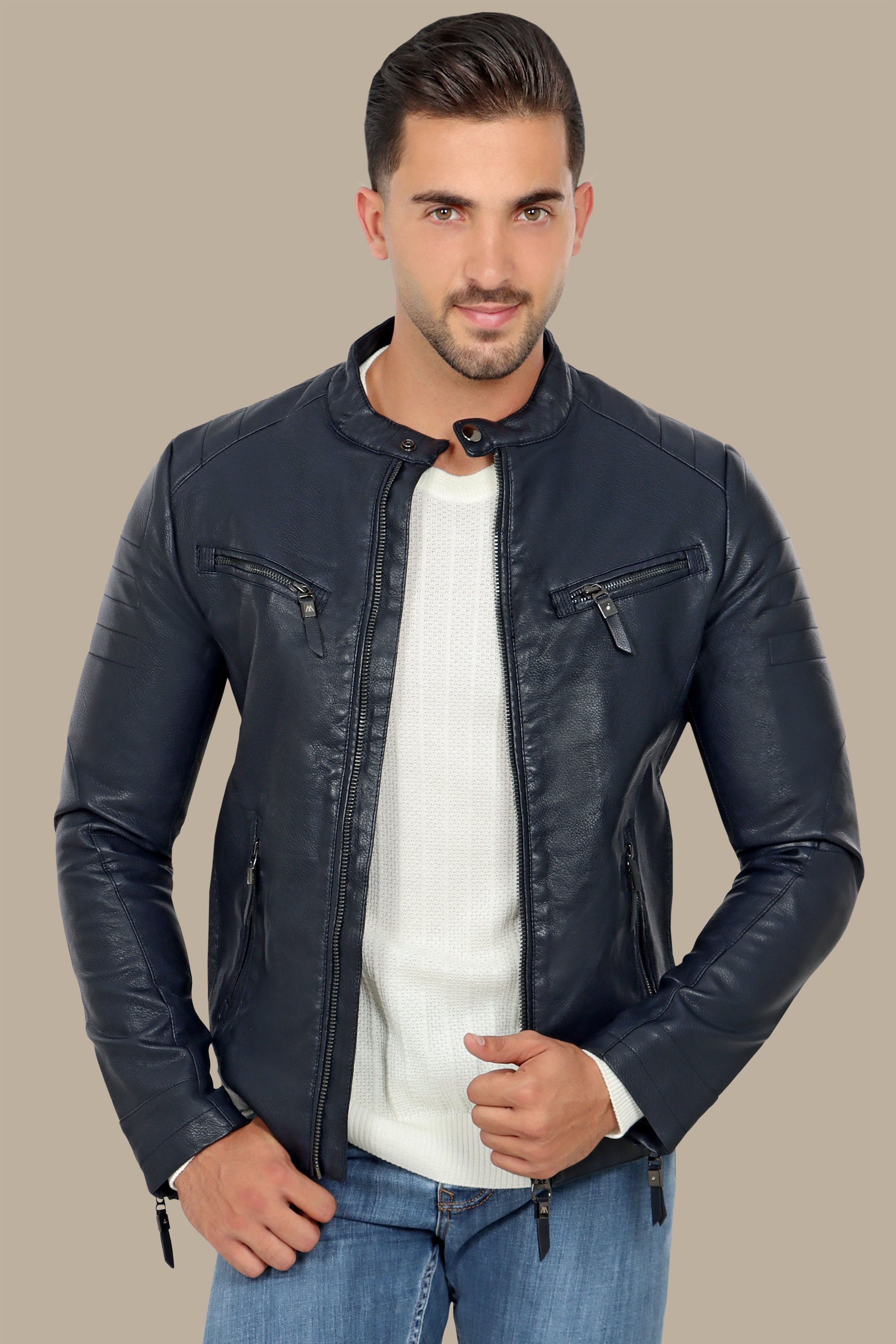 Navy Classic Leather Jacket with 4 Zippers