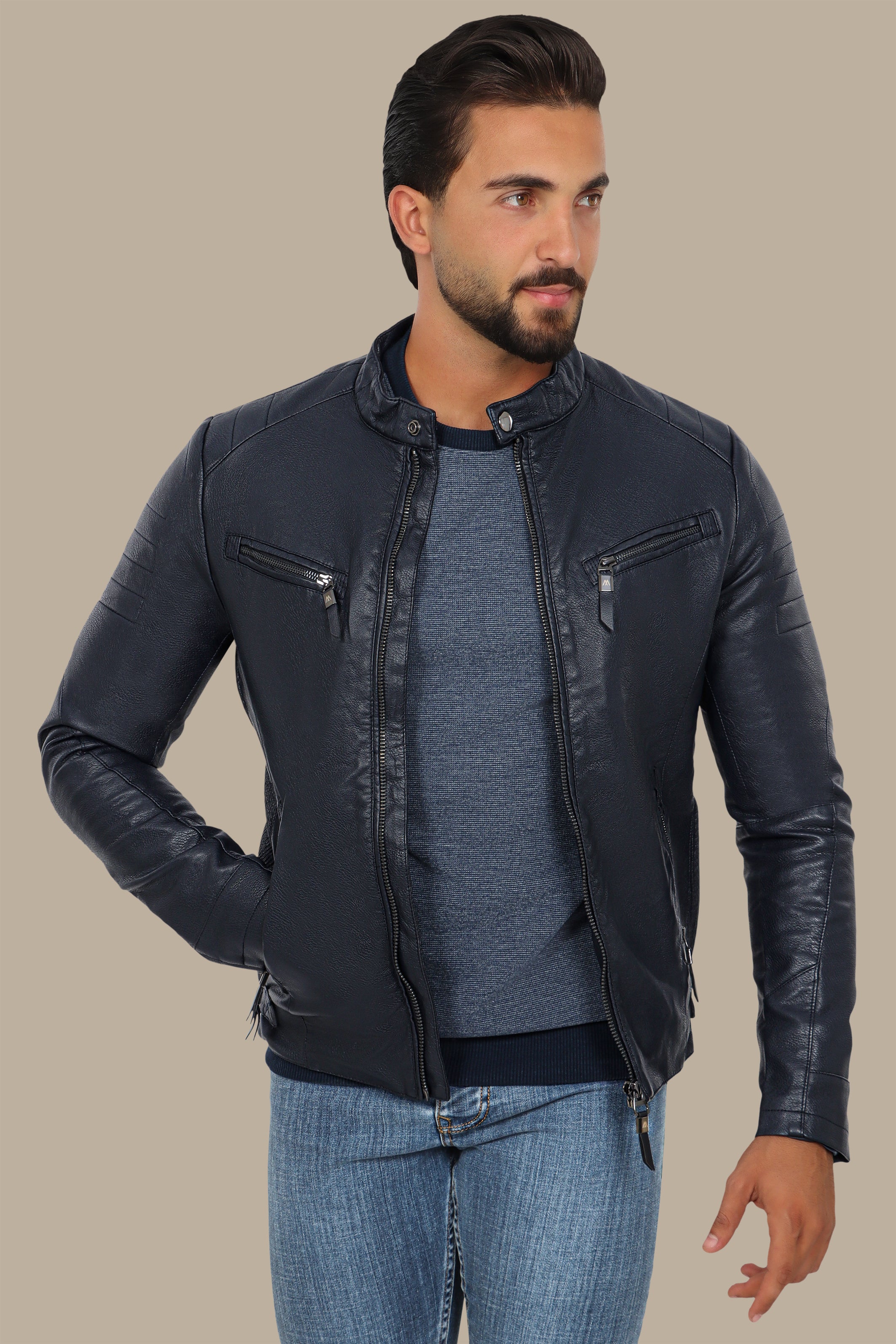 Navy Classic Leather Jacket with 4 Zippers