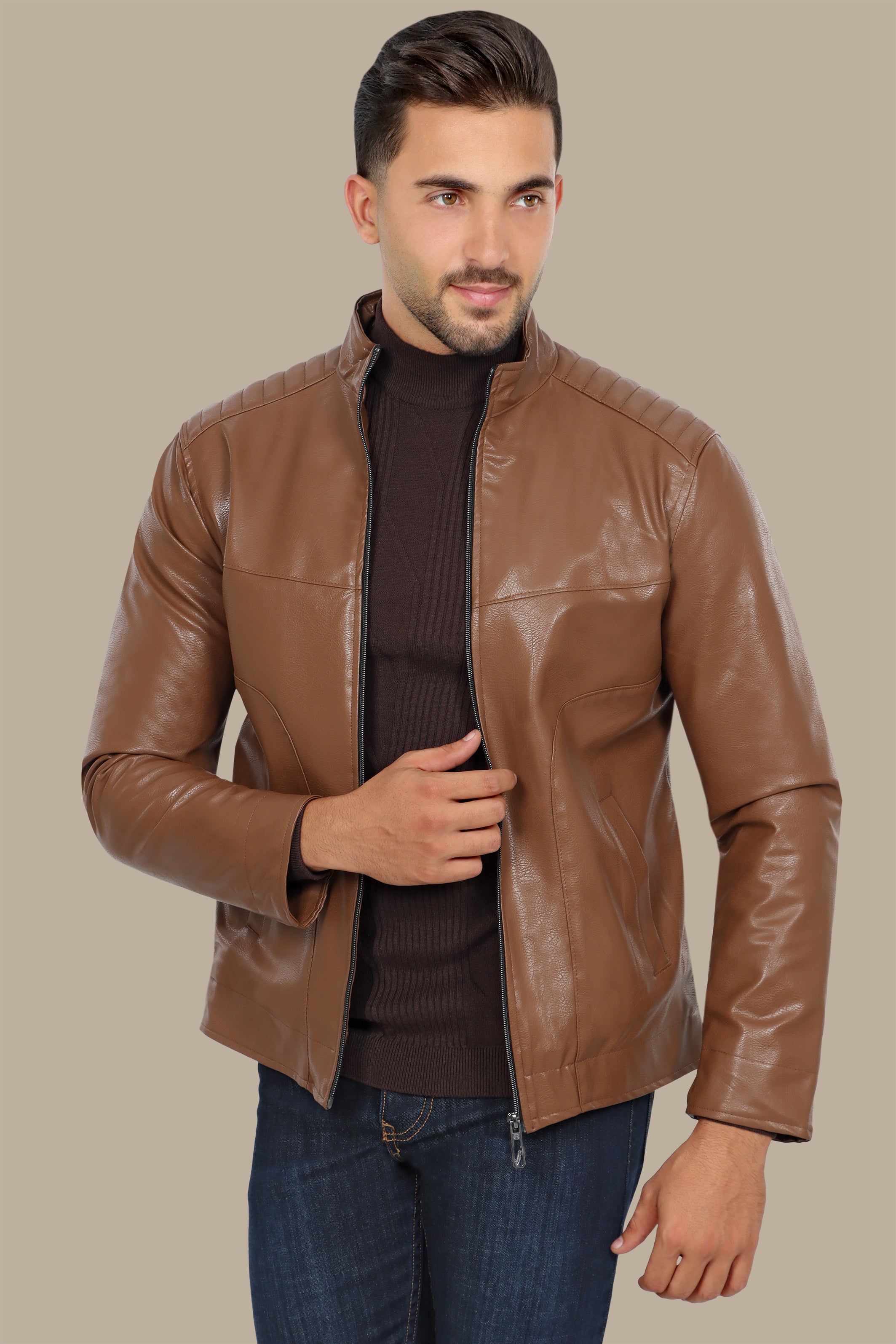 Havane High Neck Faux Leather Jacket