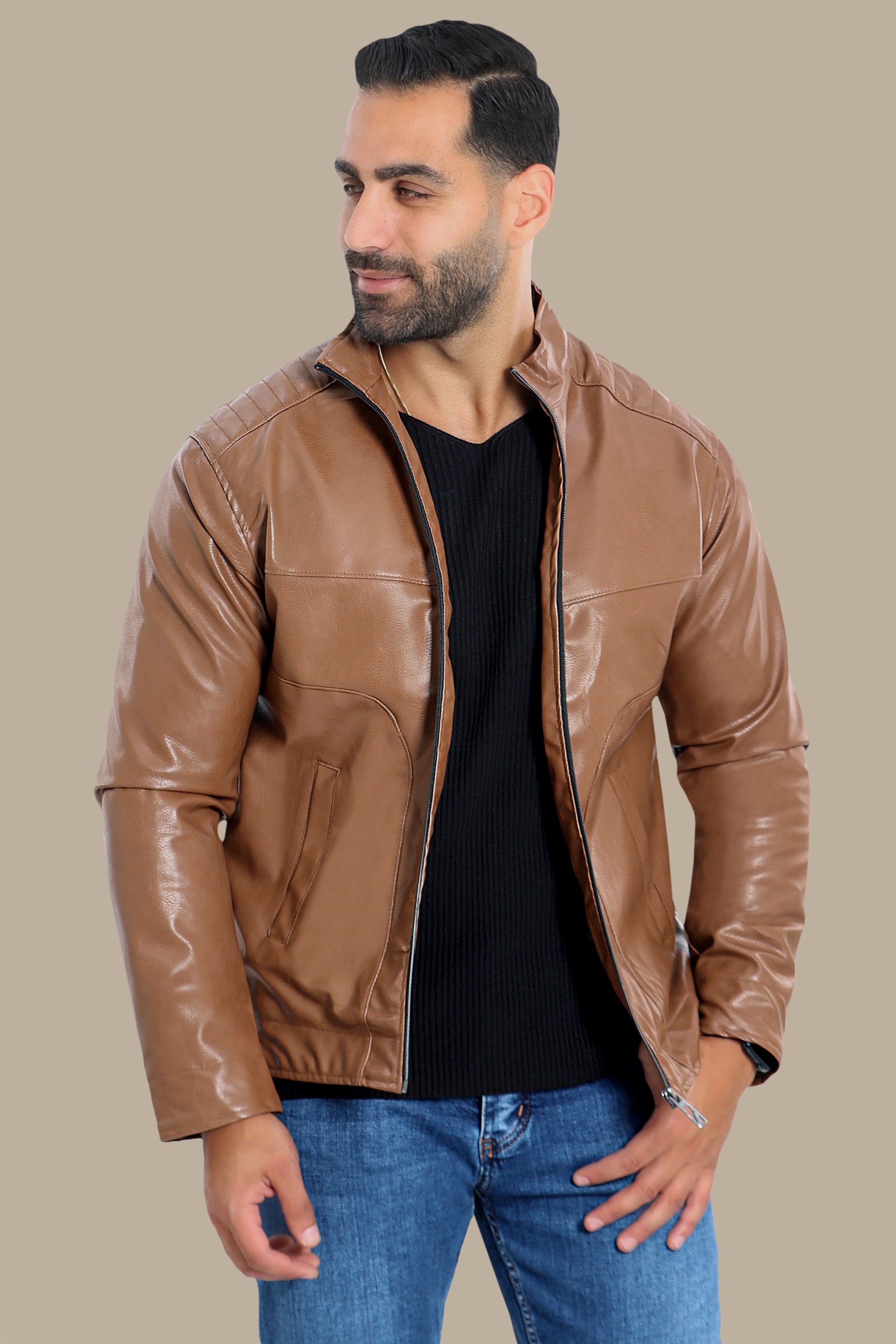 Havane High Neck Faux Leather Jacket