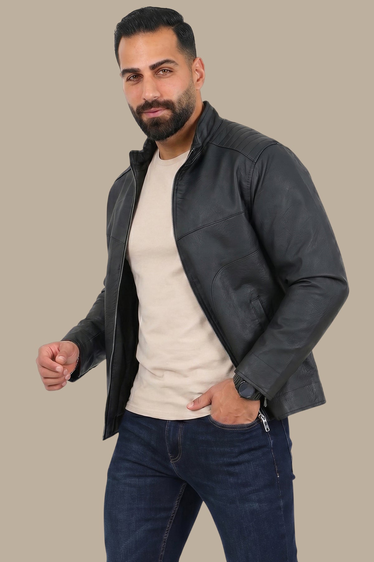 Black High Neck Faux Leather Jacket