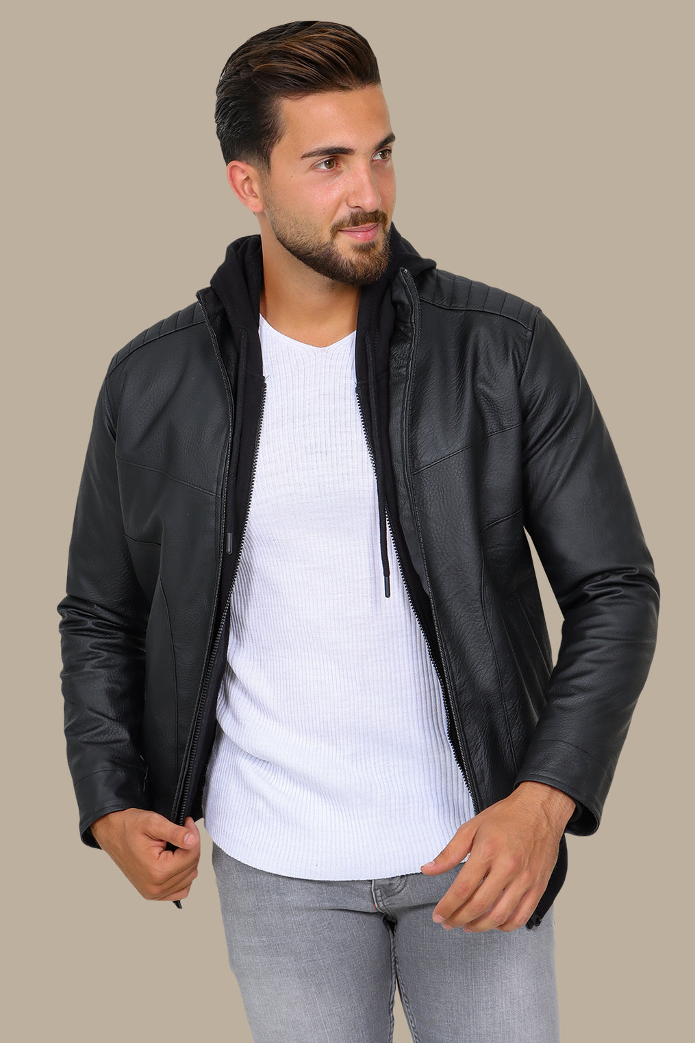 Black High Neck Faux Leather Jacket