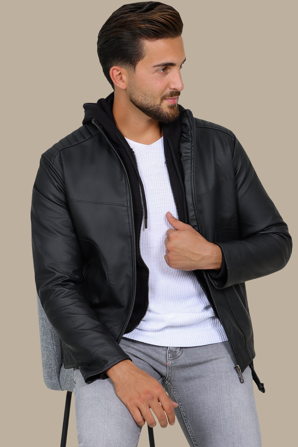 Black High Neck Faux Leather Jacket