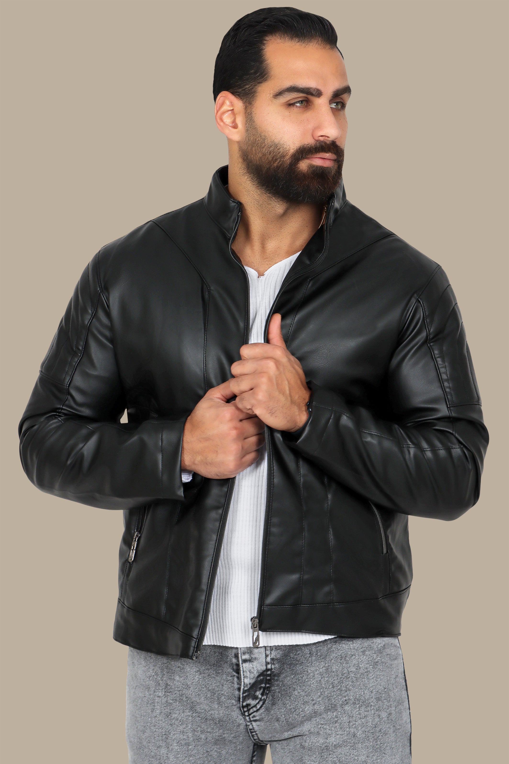 Urban Edge: Black Faux Leather Biker Jacket with Round Stitch Shoulders