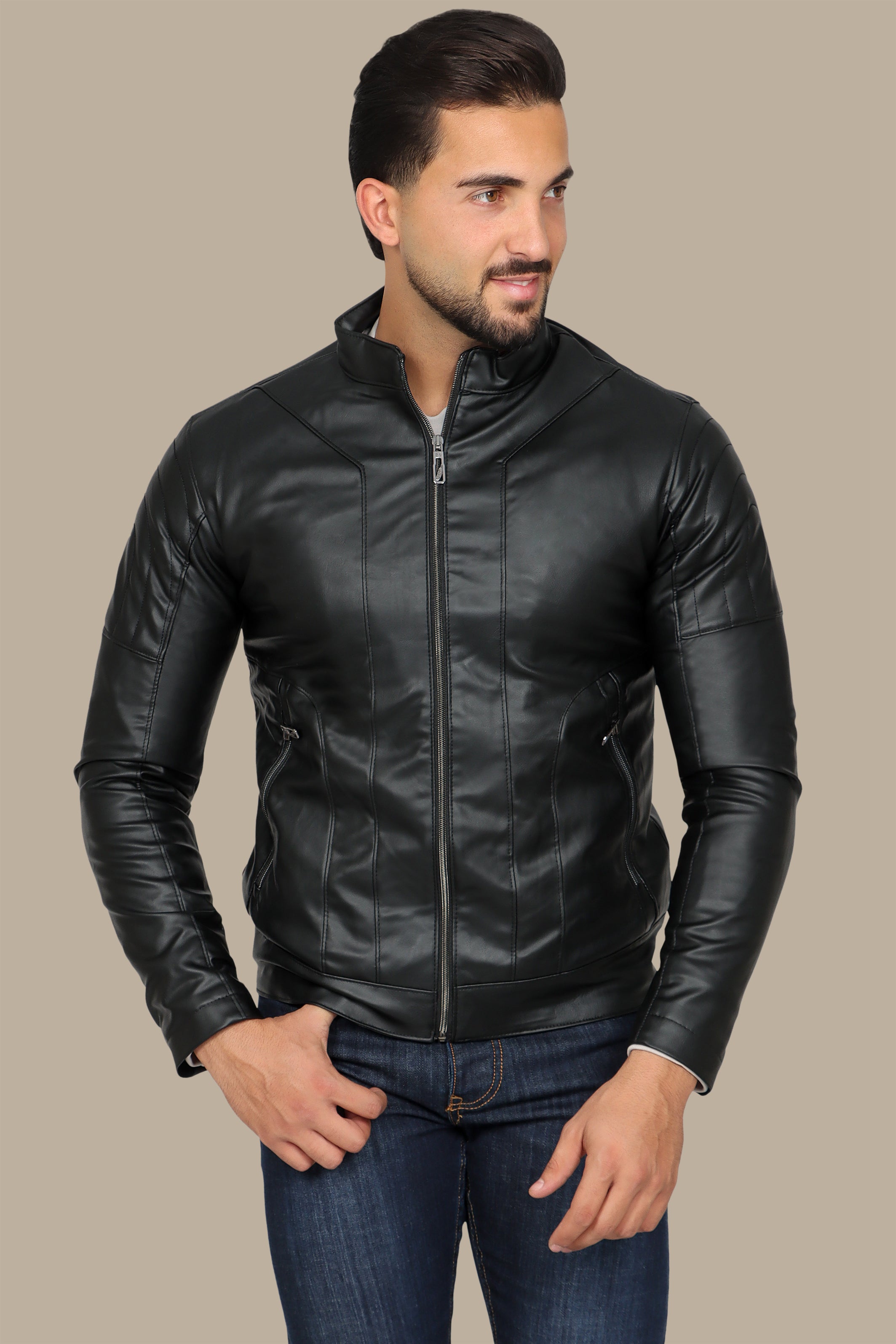 Urban Edge: Black Faux Leather Biker Jacket with Round Stitch Shoulders