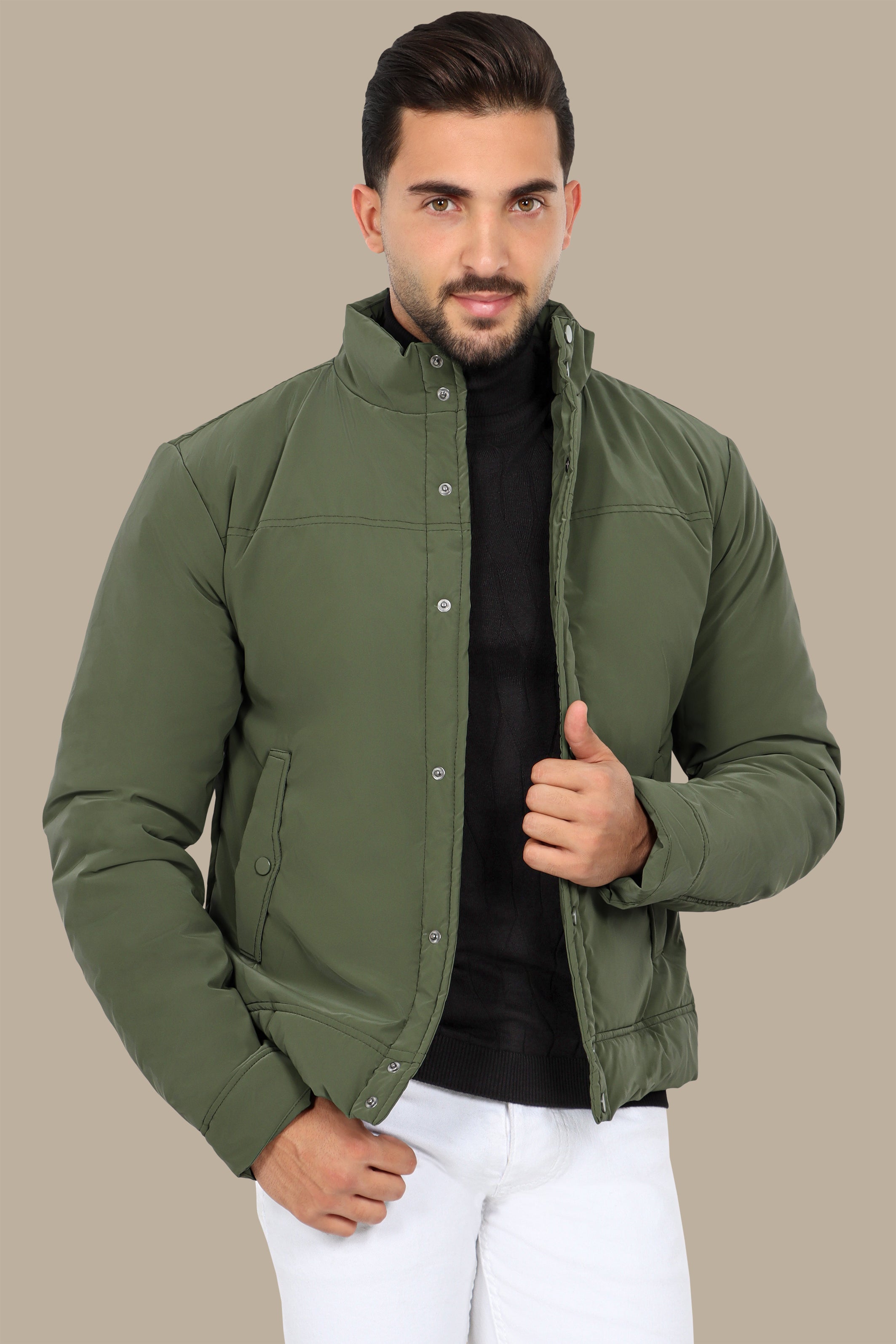 Olive Full Button Puffer Jacket