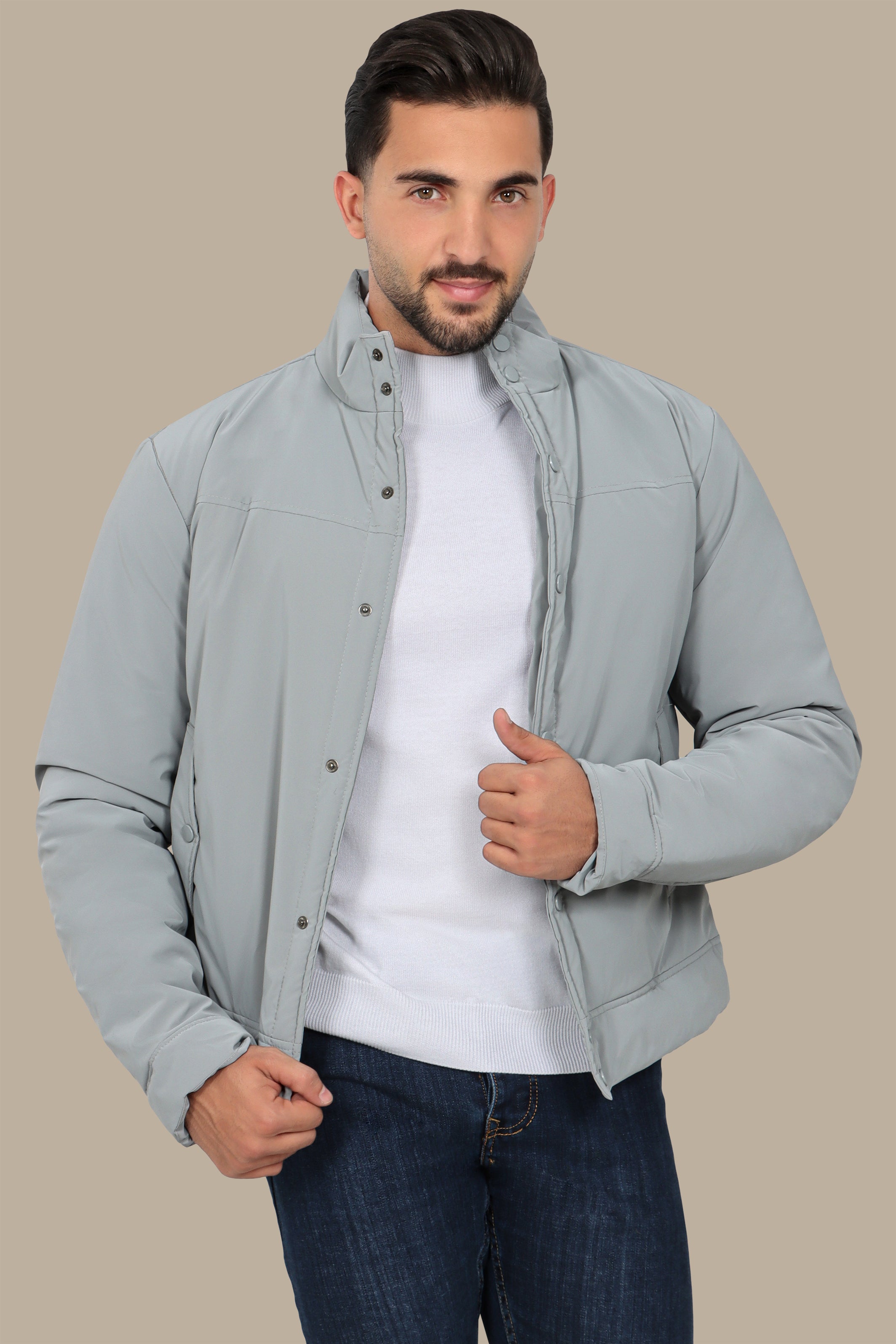 Grey Full Button Puffer Jacket