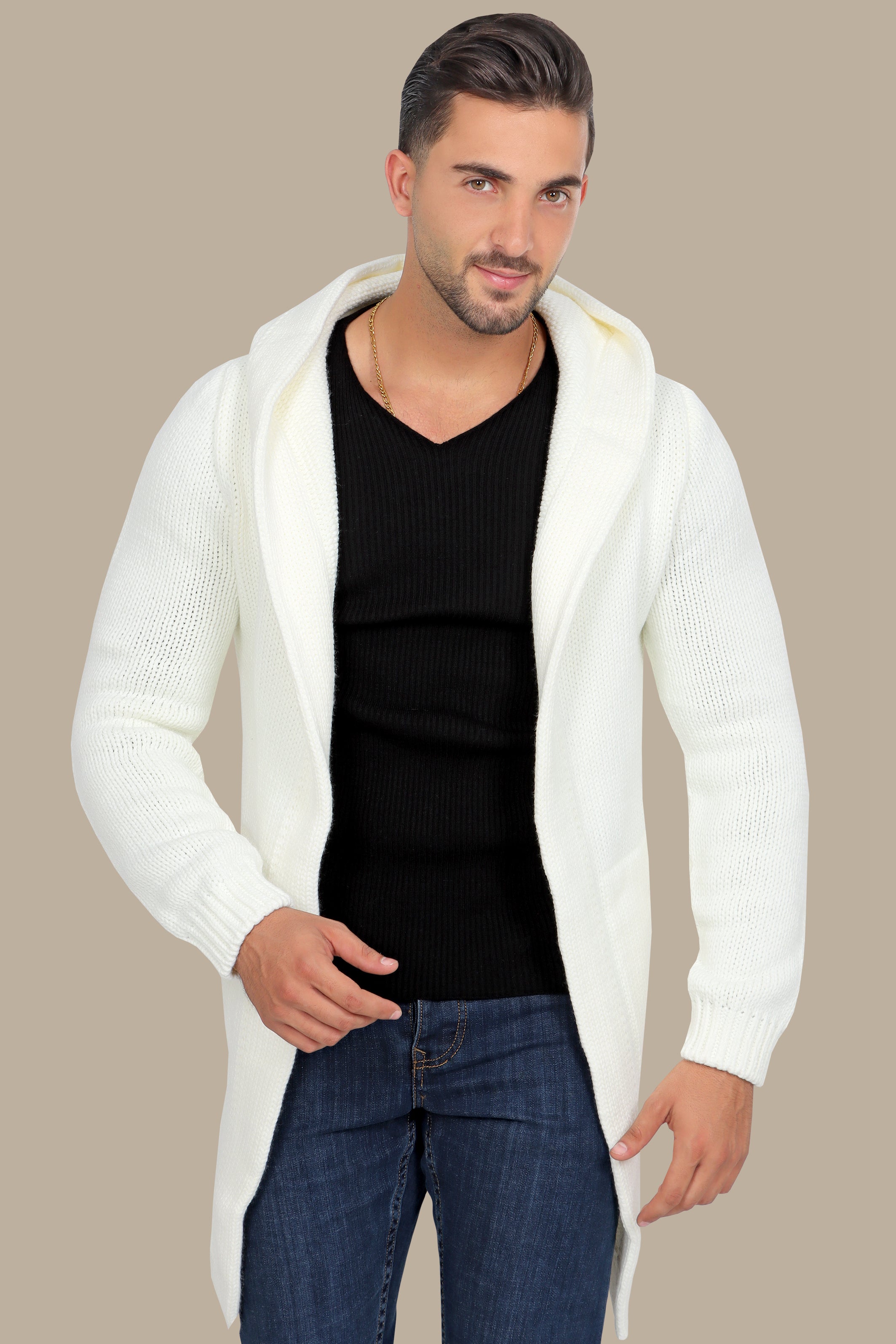 Chic Comfort: White Mercerized Cotton Cardigan with Hat