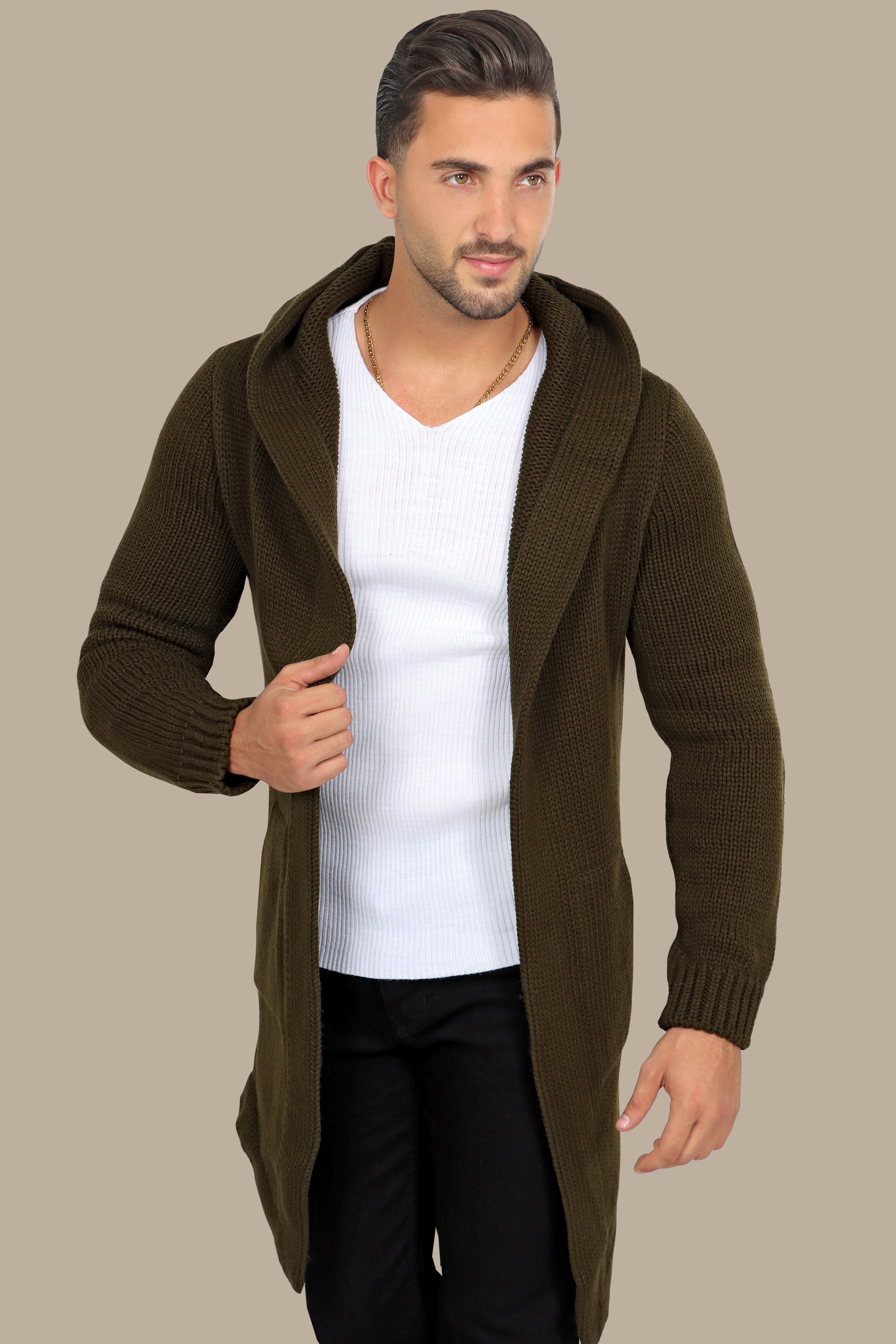 Chic Comfort: Khaki Mercerized Cotton Cardigan with Hat