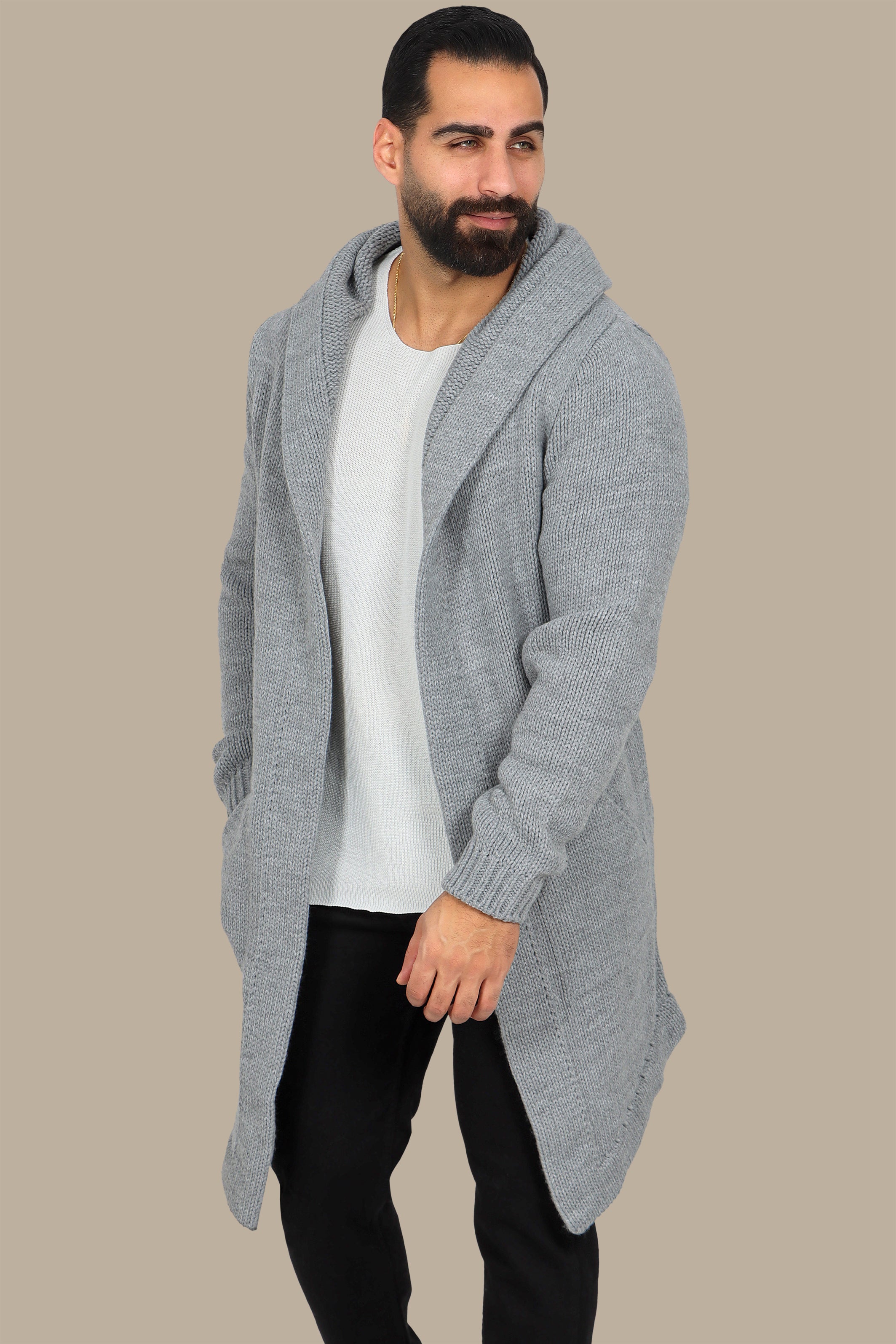 Chic Comfort: Grey Mercerized Cotton Cardigan with Hat