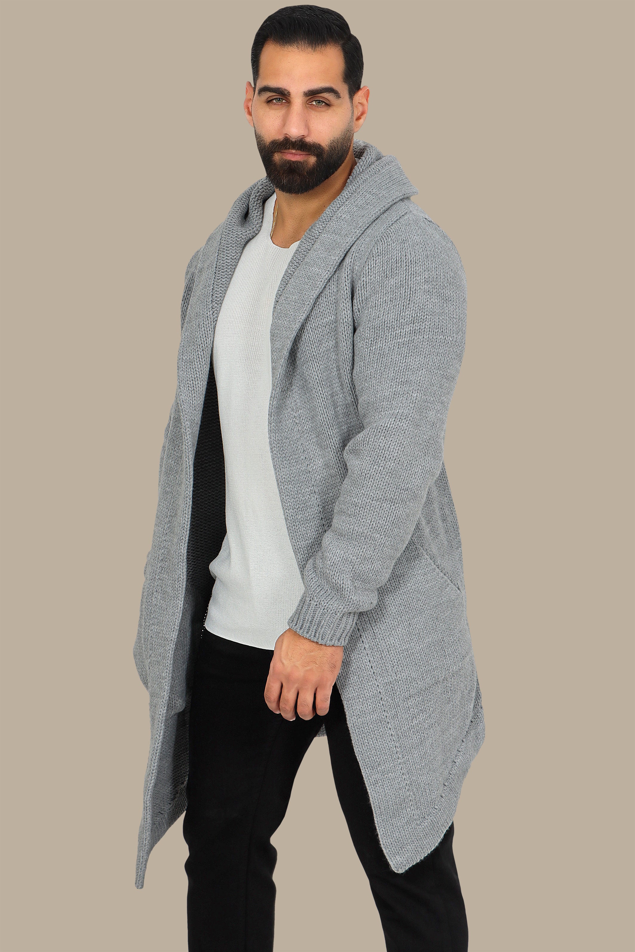 Chic Comfort: Grey Mercerized Cotton Cardigan with Hat