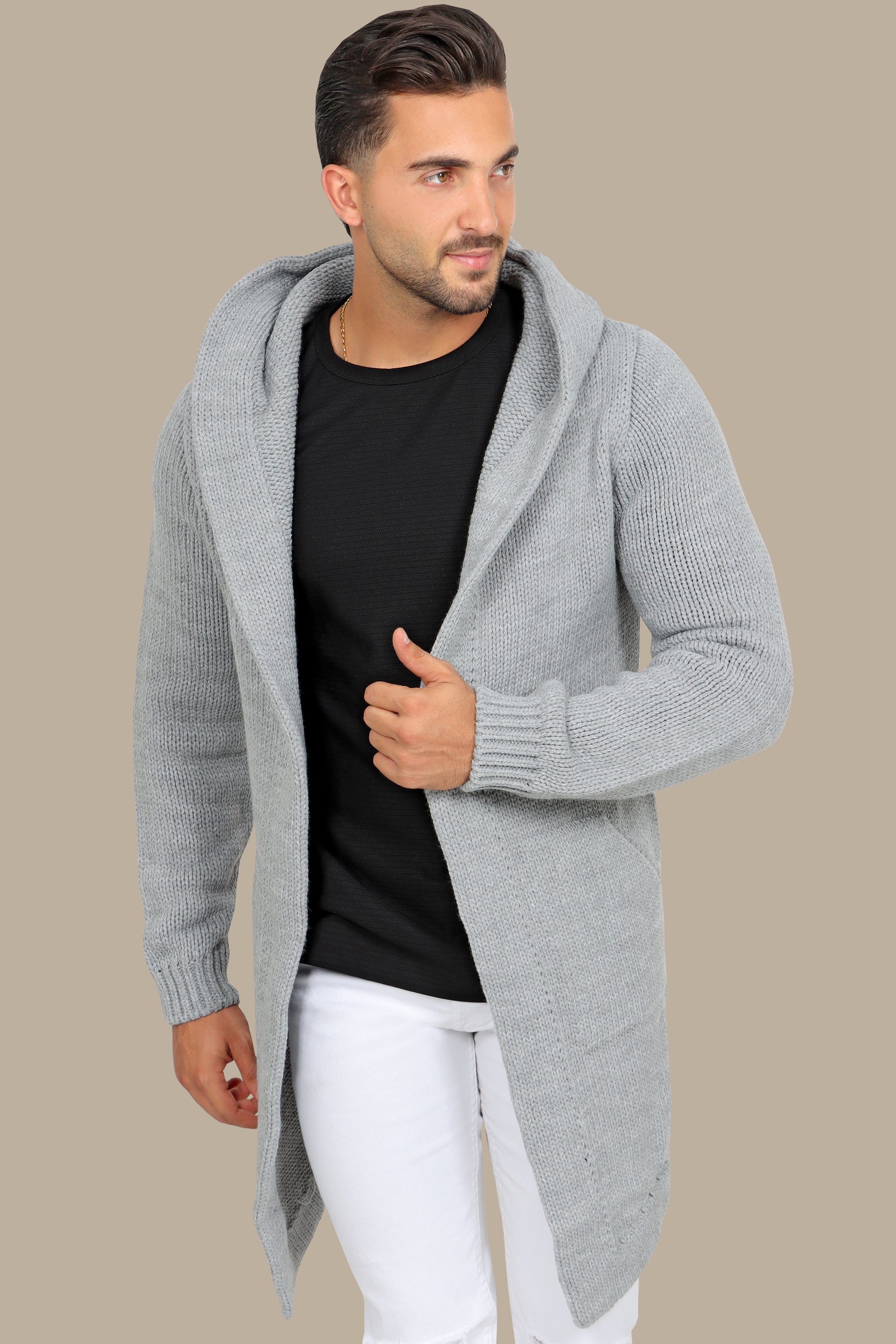 Chic Comfort: Grey Mercerized Cotton Cardigan with Hat