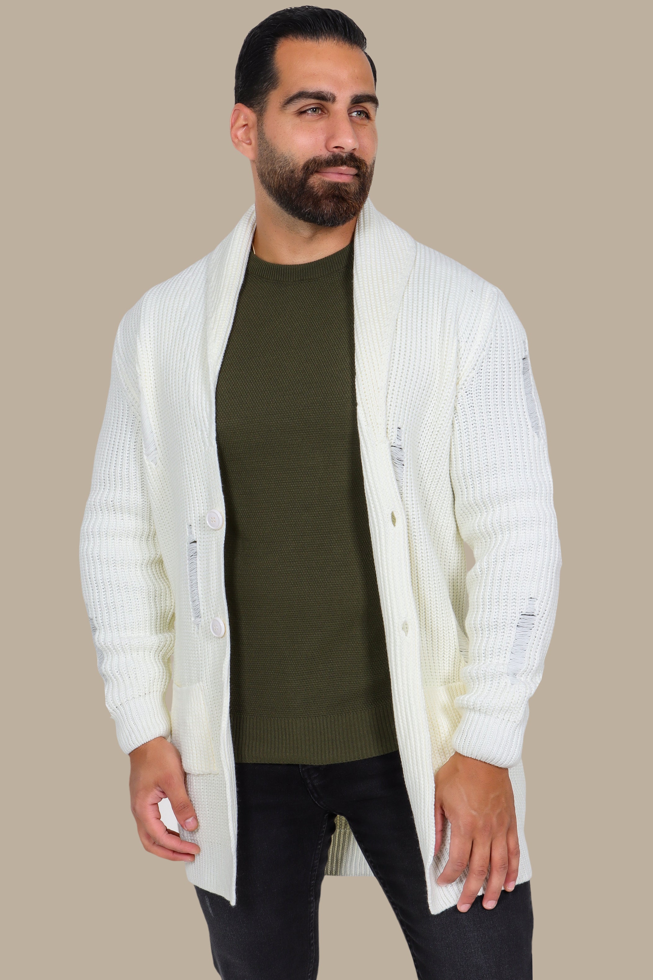 Long Mixed Mercerized Cardigan - White