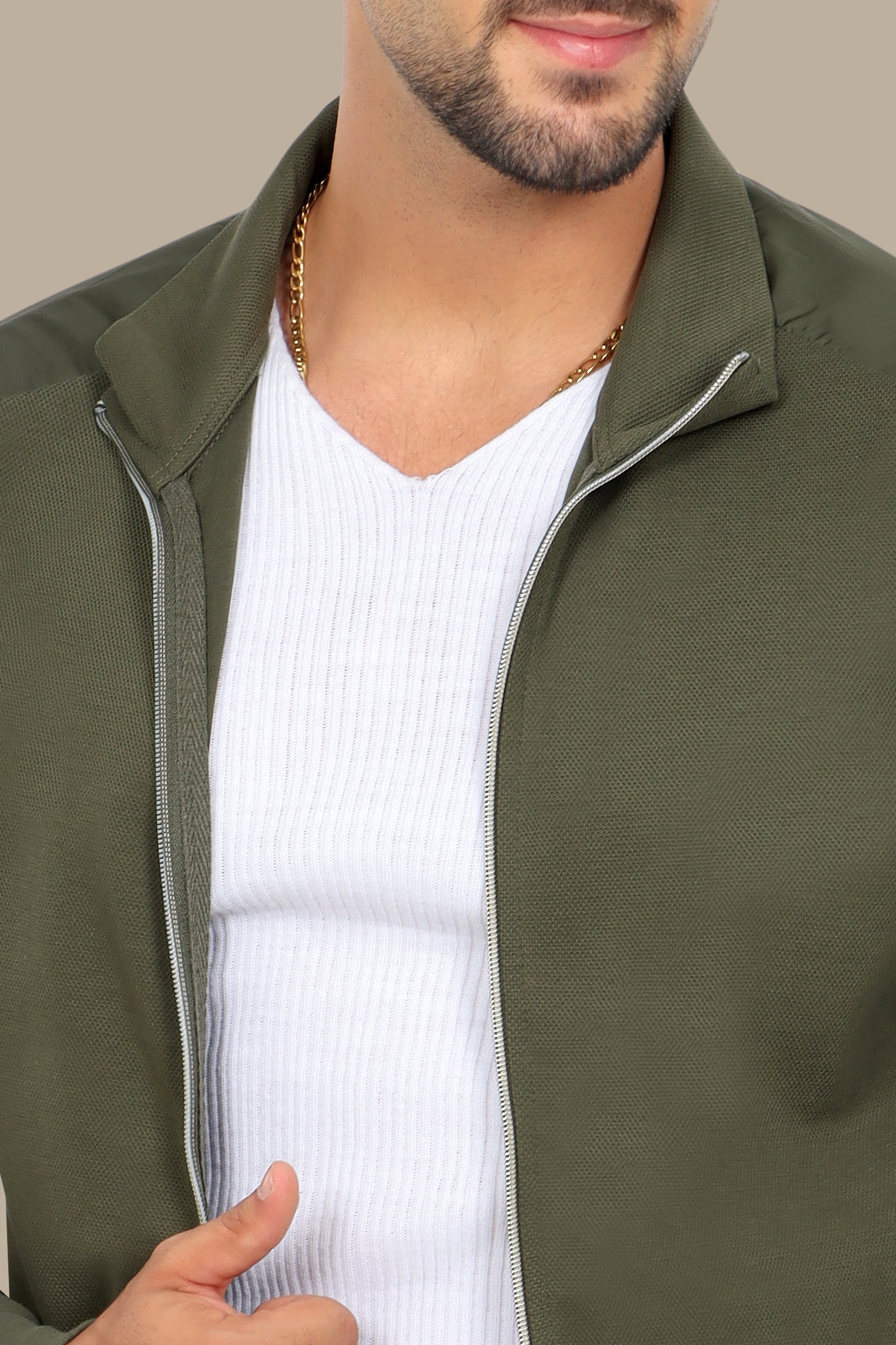 Khaki Full-Zip Cardigan with Mixed Shoulder Fabric