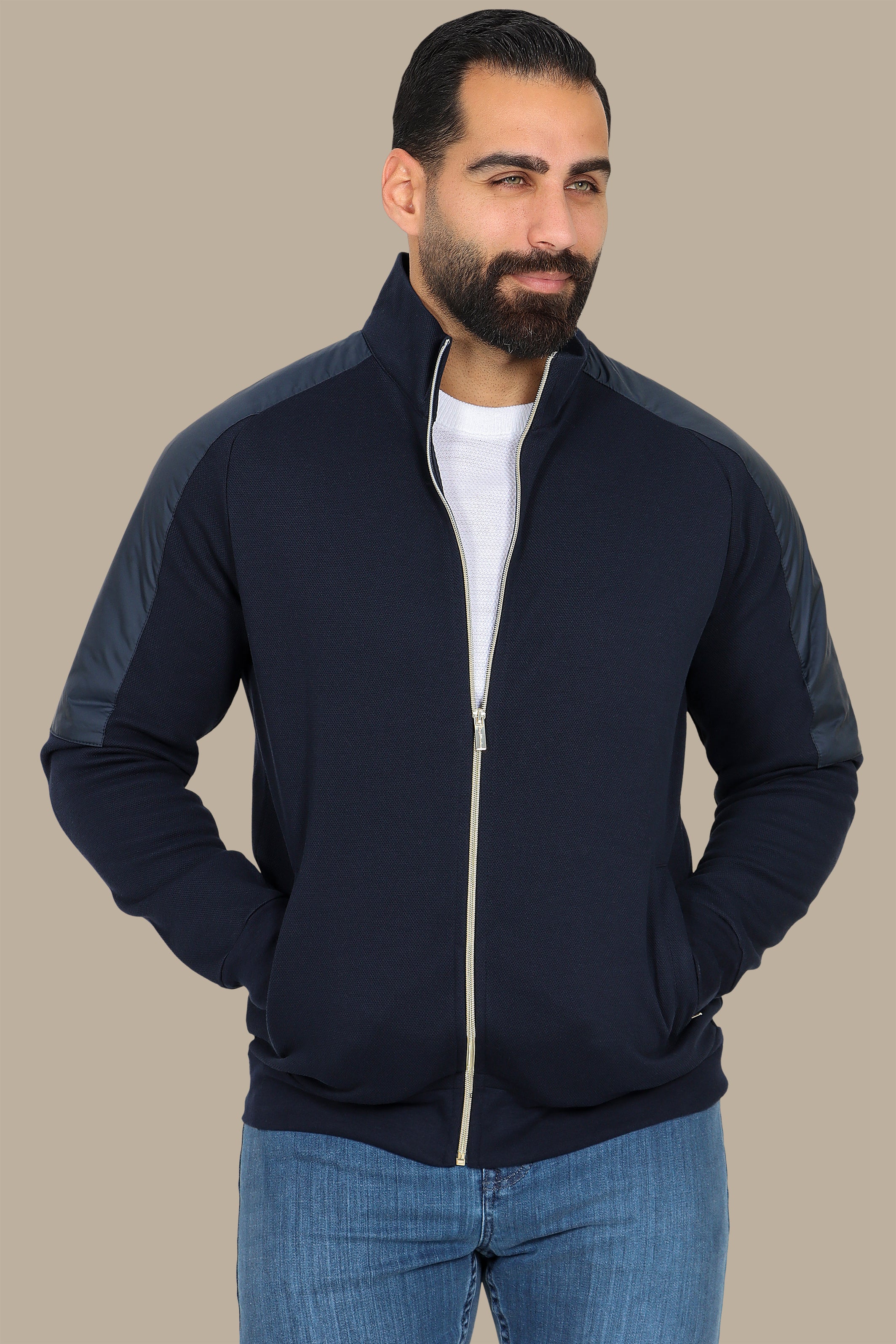 Navy Full-Zip Cardigan with Mixed Shoulder Fabric