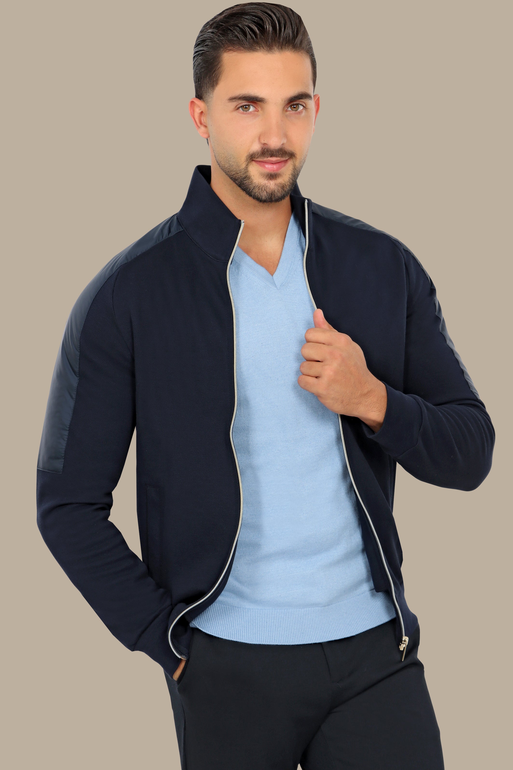 Navy Full-Zip Cardigan with Mixed Shoulder Fabric