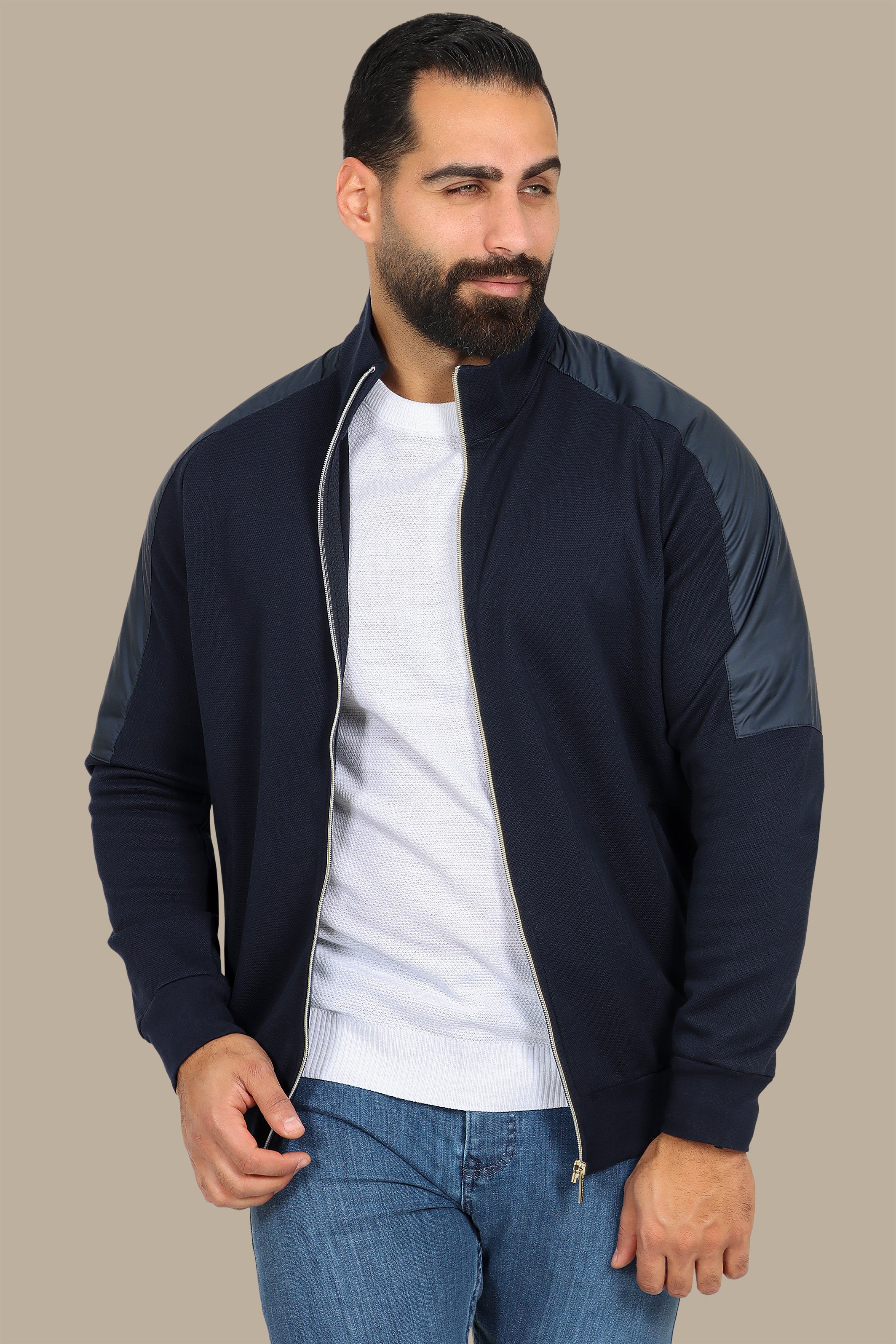 Navy Full-Zip Cardigan with Mixed Shoulder Fabric