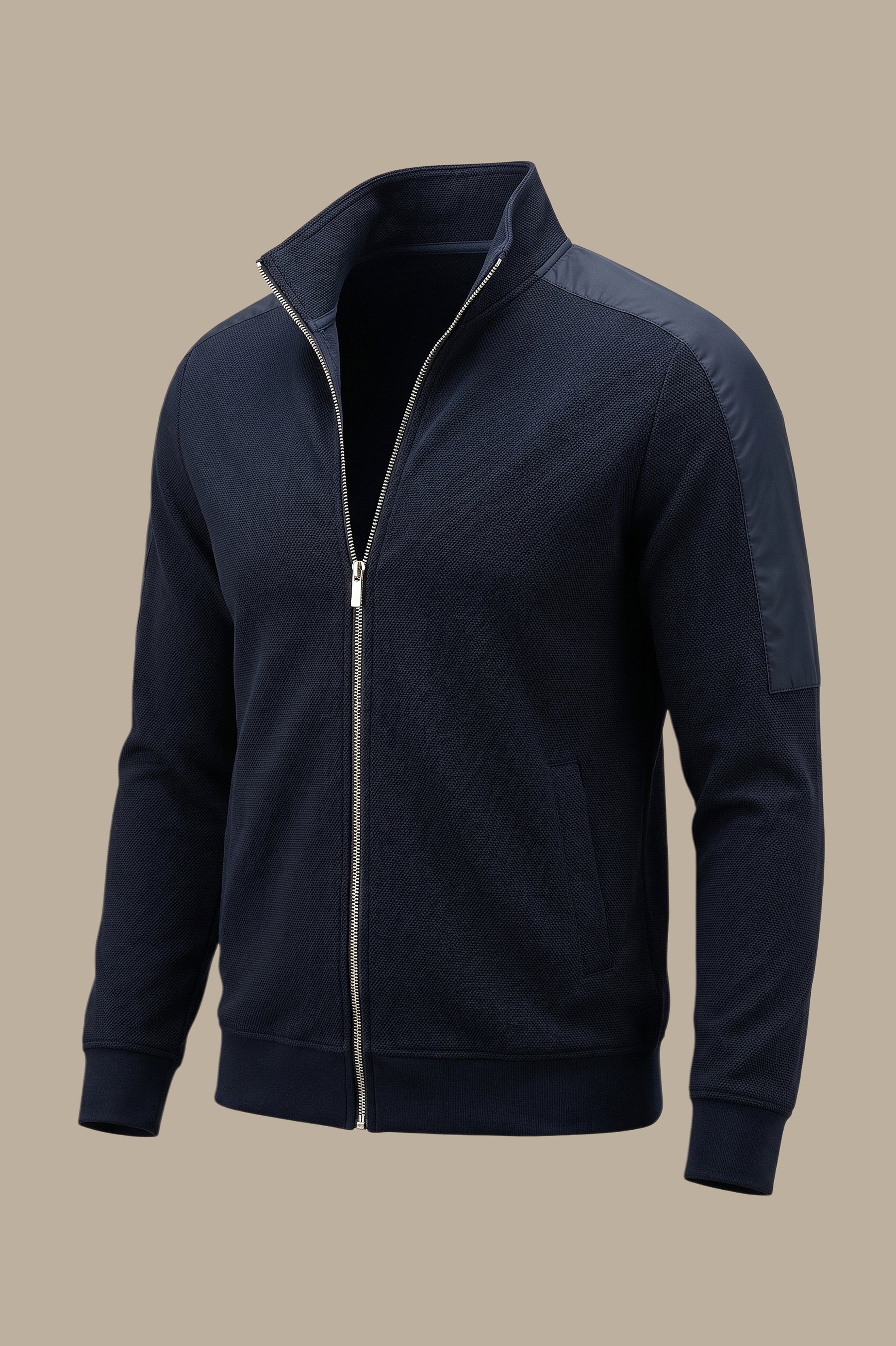 Navy Full-Zip Cardigan with Mixed Shoulder Fabric