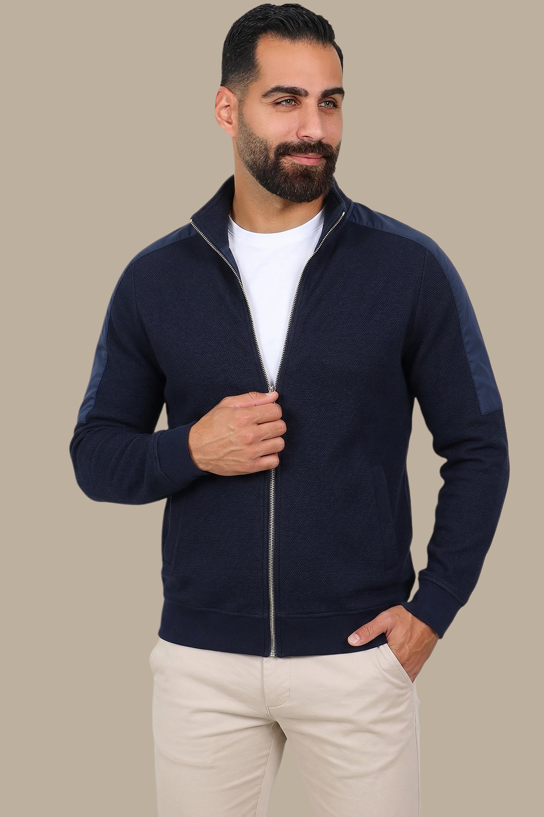 Navy Full-Zip Cardigan with Mixed Shoulder Fabric