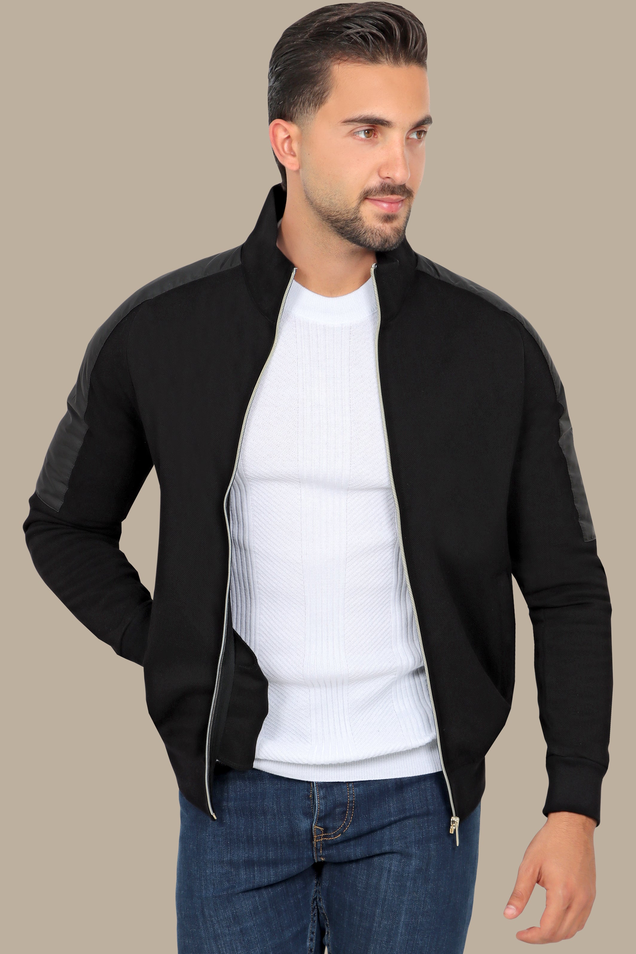 Black Full-Zip Cardigan with Mixed Shoulder Fabric